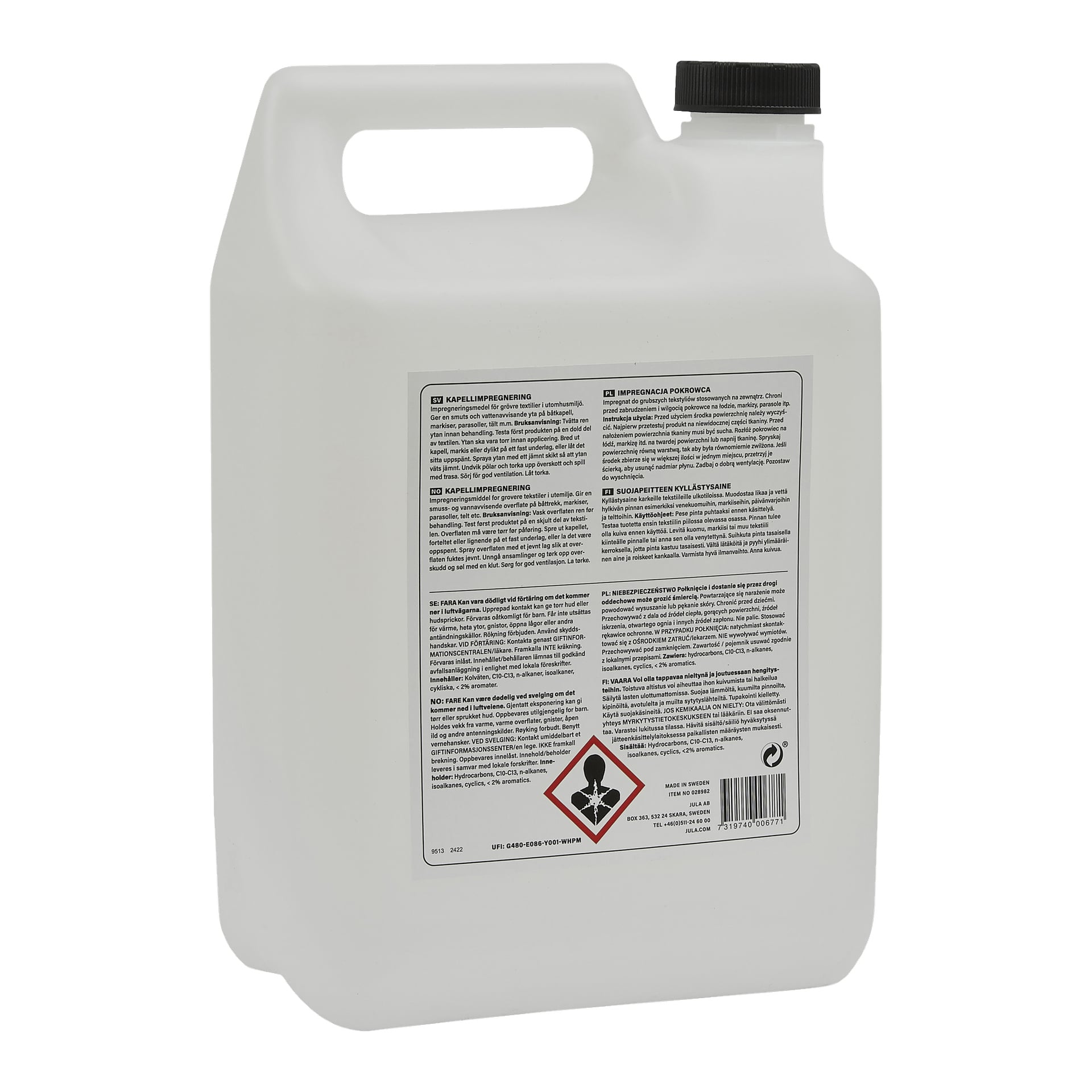 En vit plastkanna med svart lock och handtag, med Hamron Cover Waterproofing-etiketten på framsidan. Produktetiketten innehåller bruksanvisningar och en varningssymbol för farligt material.