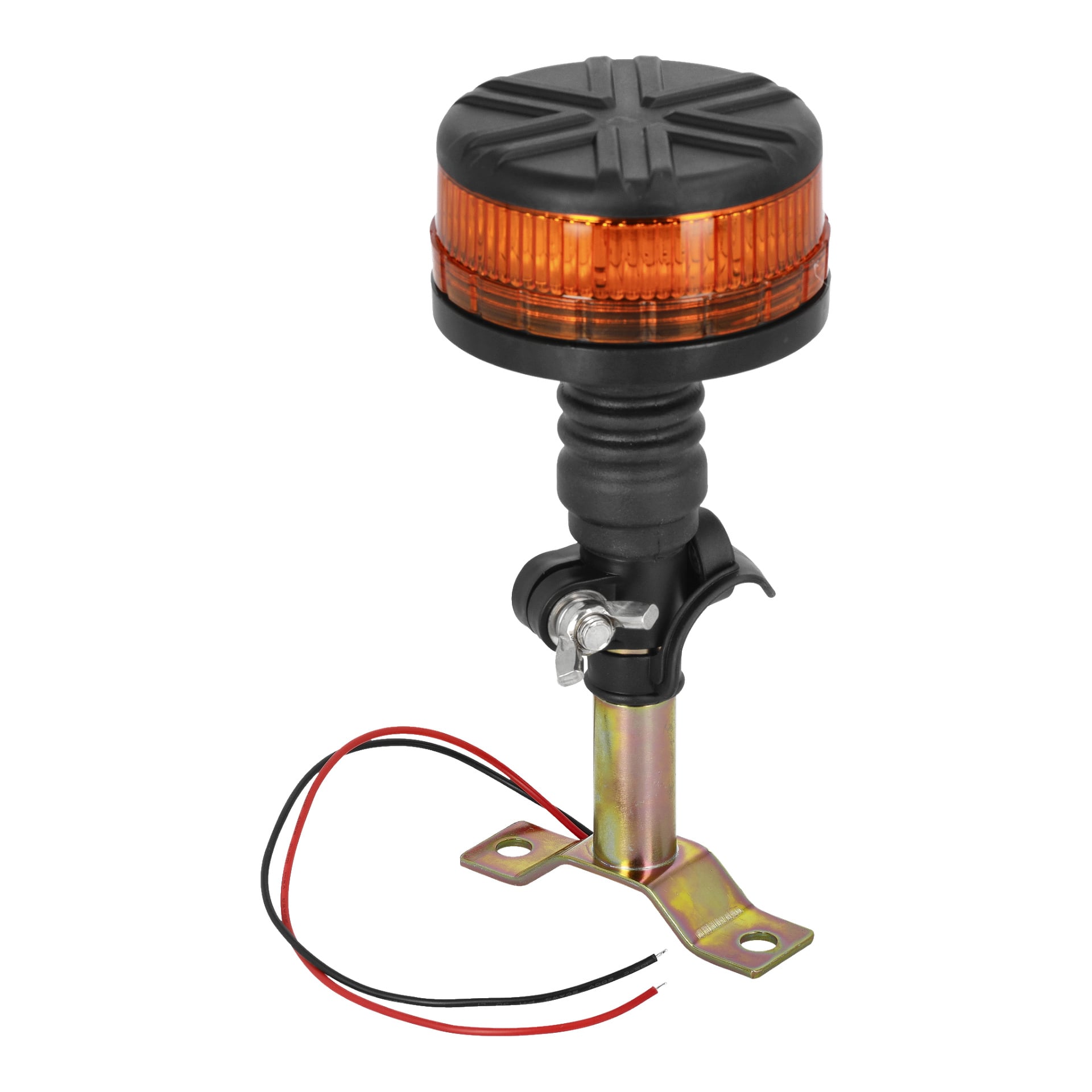 Lampka ostrzegawcza Hamron LED z cylindryczną pomarańczową latarnią i czarną podstawą jest przymocowana do metalowego uchwytu, z którego spod wystają dwa przewody — czerwony i. Zespół posiada także zacisk do mocowania go na słupie lub płaskiej powierzchni.