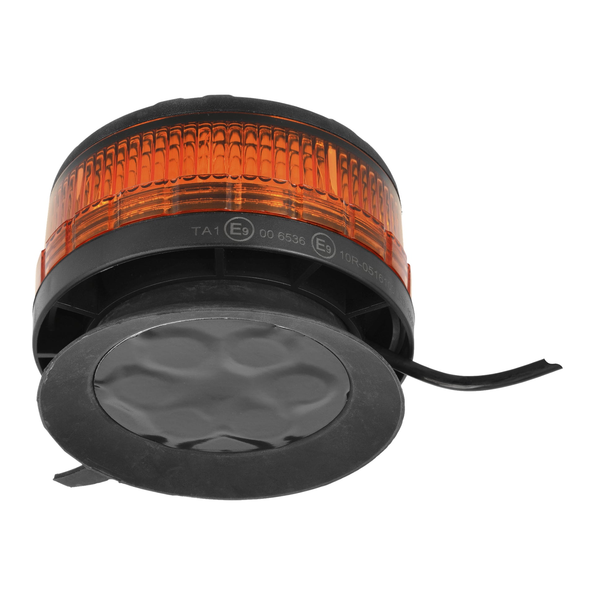 Lampka ostrzegawcza Hamron LED, wyposażona w magnetyczną podstawę, pokazuje okrągłą pomarańczowo-czarną obudowę oraz podłączony kabel. Kąt obrazu odsłania zarówno spód skóry, jak i część górnej soczewki.