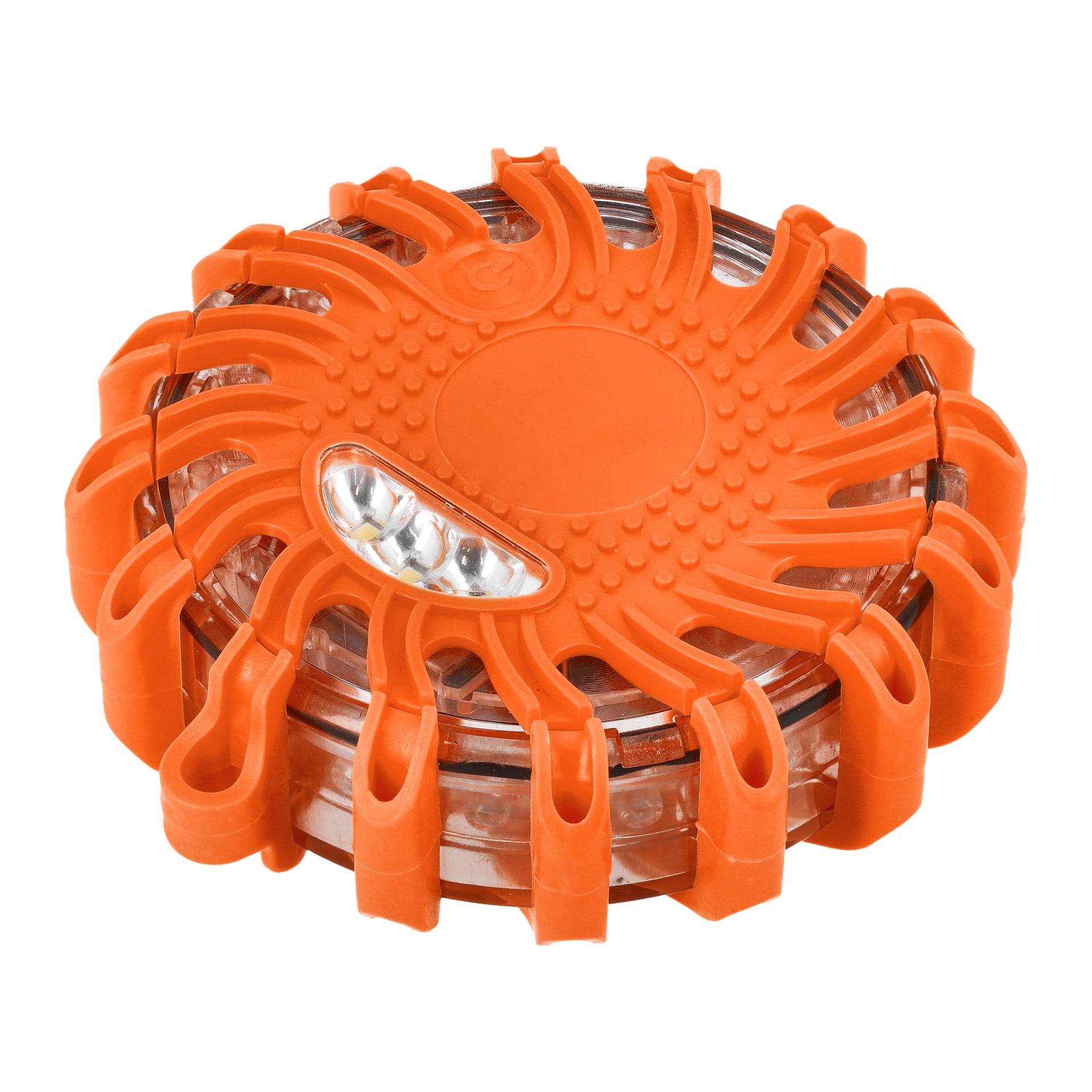 Oranssi, pyöreä Hamron Rechargeable -varoituskiekon LED, jossa on kestävä, teksturoitu pinta ja useita korotettuja reunoja. Läpinäkyvä osa näyttää sisällä olevat LED-valot, ja laitteessa on näkyvästi sijoitettu virtapainike helppoa käyttöä varten.