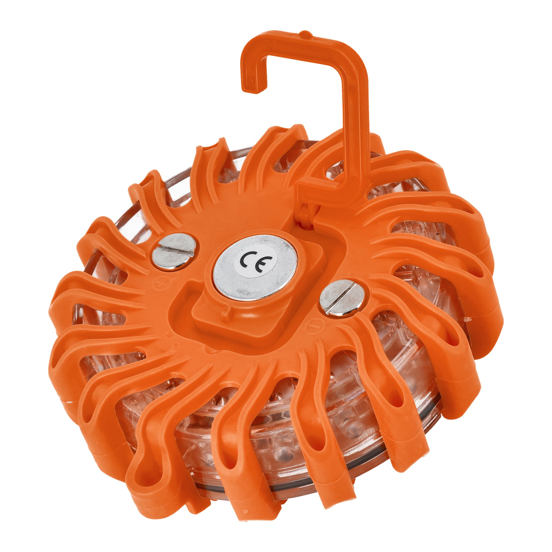 Oranssi, pyöreä Hamron Rechargeable Puck -LED, jossa on kestävä, teksturoitu ulkokuori, kaksi näkyvää metalliruuvia, CE-merkki keskellä ja integroitu muovinen koukku ripustamista varten.
