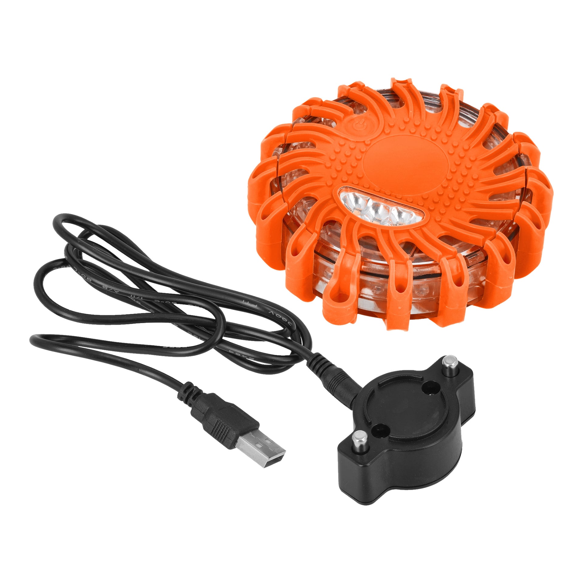 Hamron Rechargeable -varoituskiekon LED näkyi USB-kaapelin ja mustan latausalustan rinnalla.