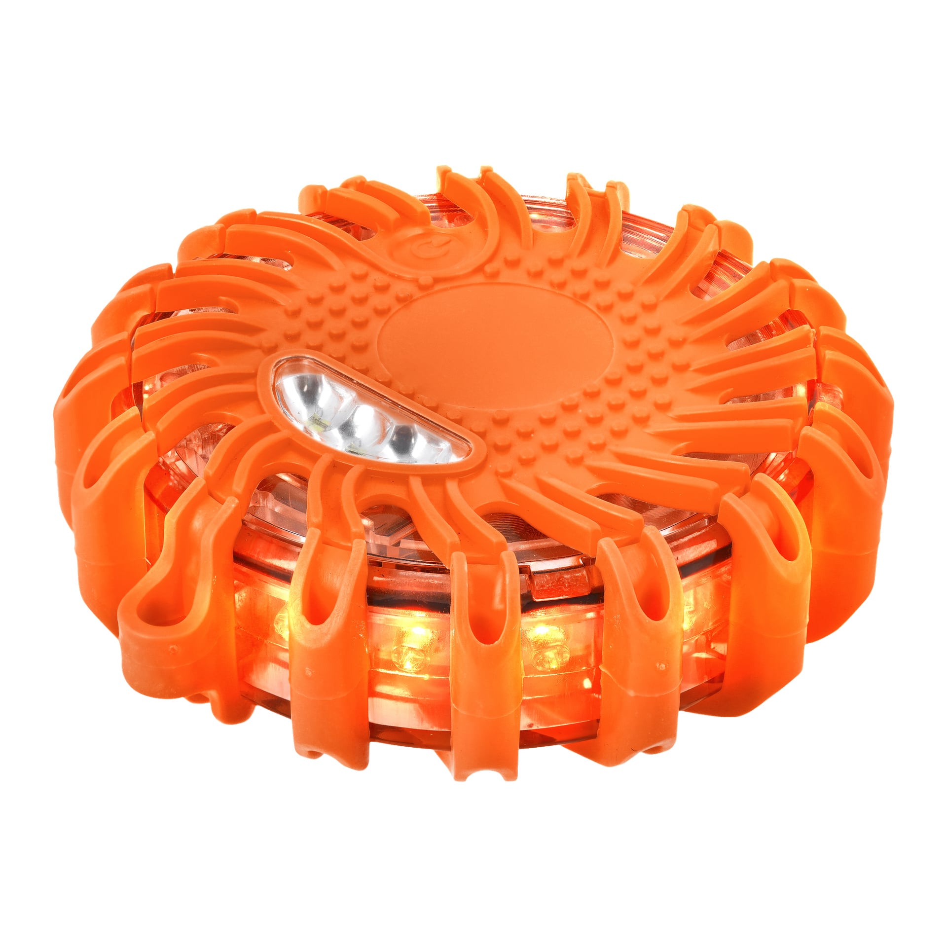 Oranssi, pyöreä Hamron Rechargeable Warning Puck LED, jossa on kestävä piikkikuori ja näkyvä LED-paneeli toisella puolella, suunniteltu turvallisuus- ja varoitustarkoituksiin.
