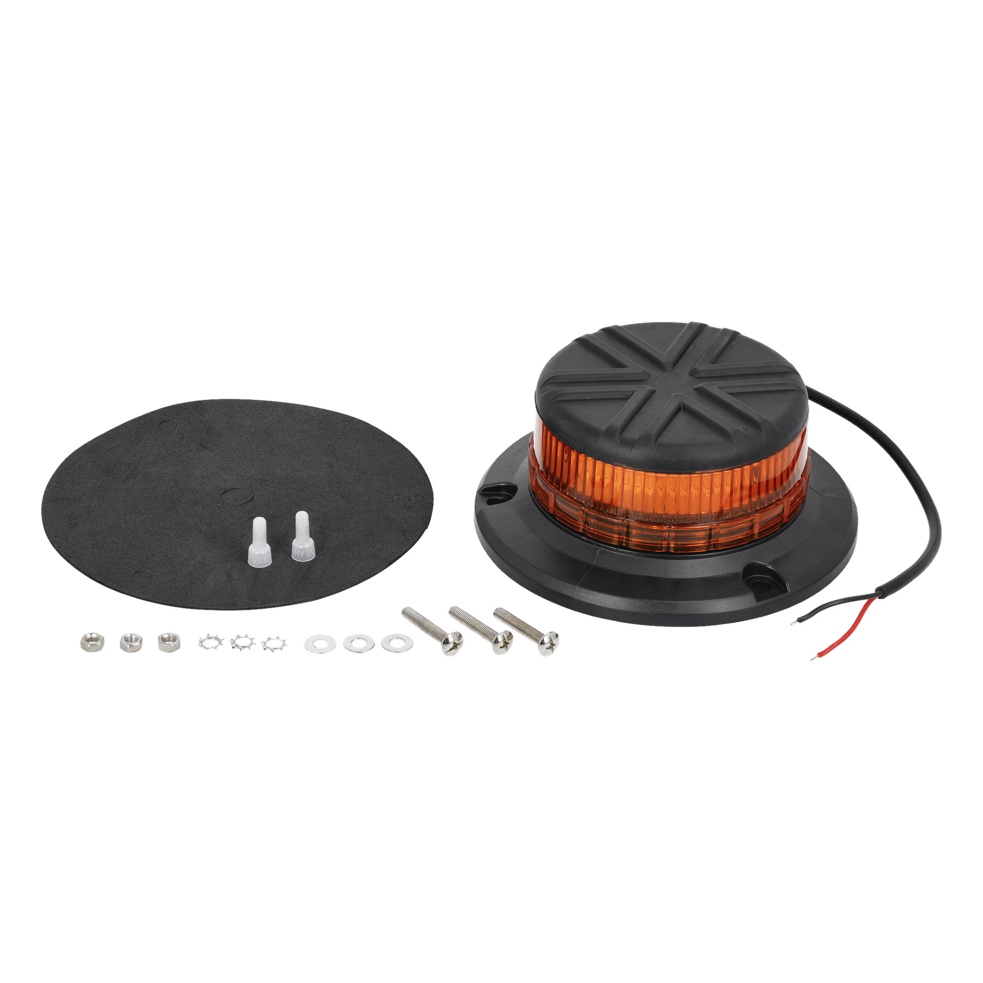 En Hamron LED-varningslampa med skruvfäste har en bärnstensfärgad lins och svart bas, tillsammans med ledningar, monteringsskruvar, brickor, muttrar, låsbrickor, två vita plaständlock och en rund svart packning.