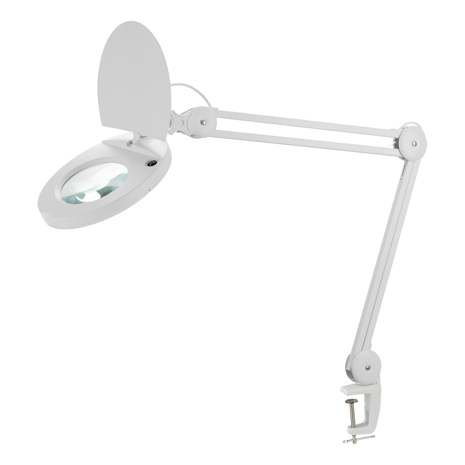Anslut arbetslampa med LED-förstoringsglas, vitt hölje, cirkulär lins med skyddslock och justerbar flerledad arm. Klämmer säkert på sidan av ett bord för mångsidig positionering.