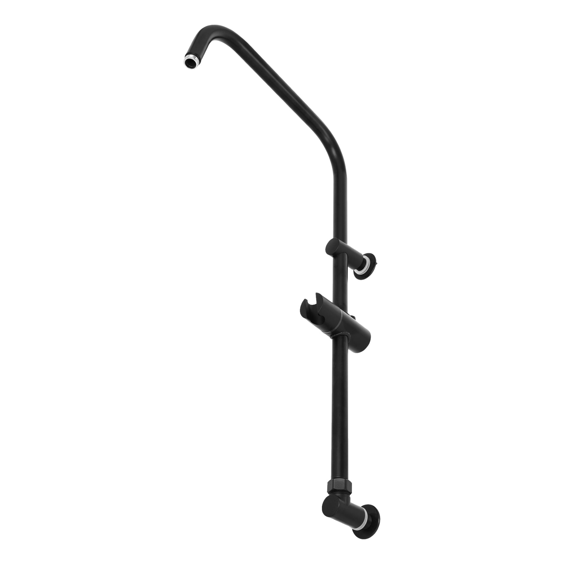 En matt svart riserskinne med overliggende arm, justerbar dusjhodeholder og veggmonteringspunkter.