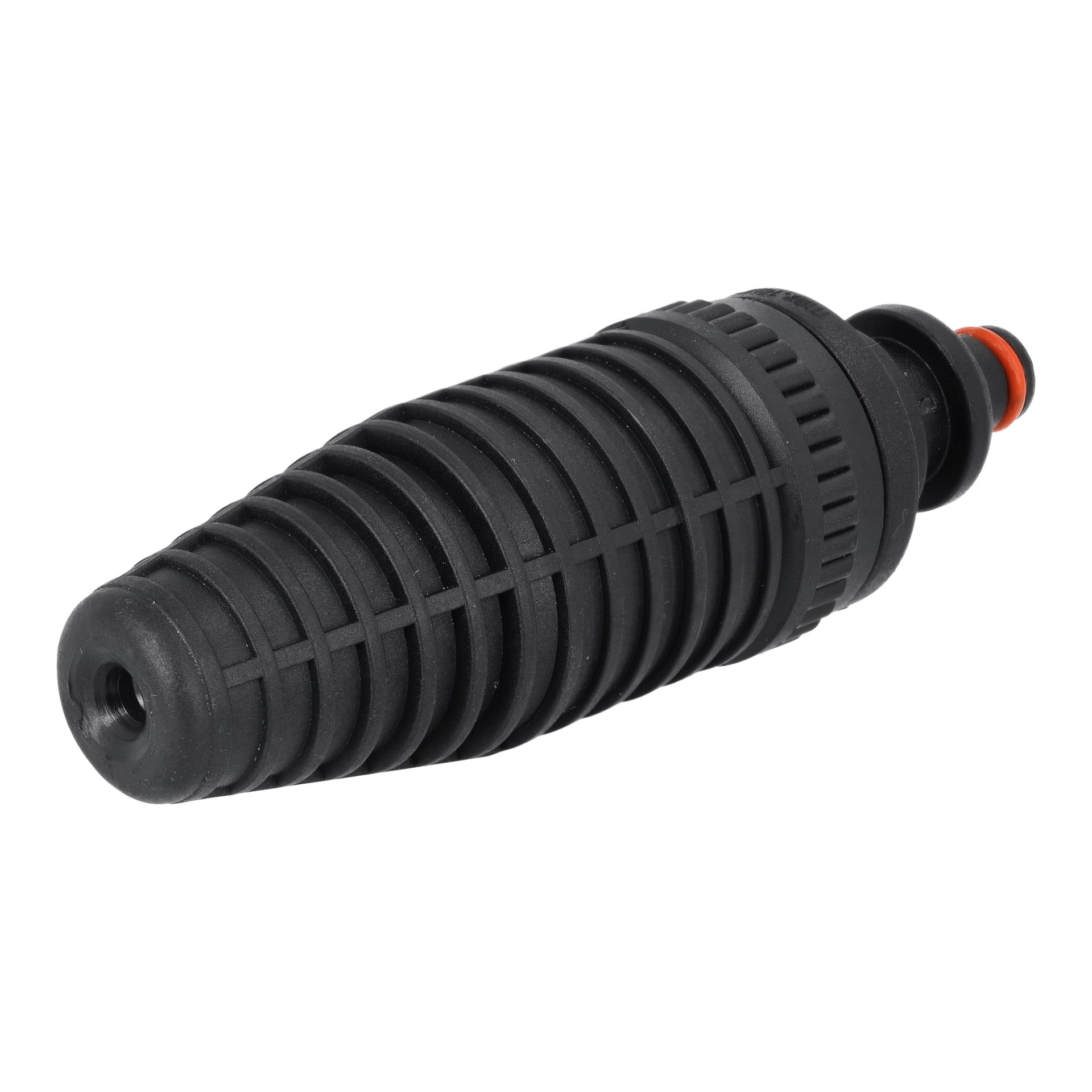 Ett svart, räfflat högtryckstvättsmunstycke i plast med en avsmalnande cylinderdesign och en orange ring vid kontakten.