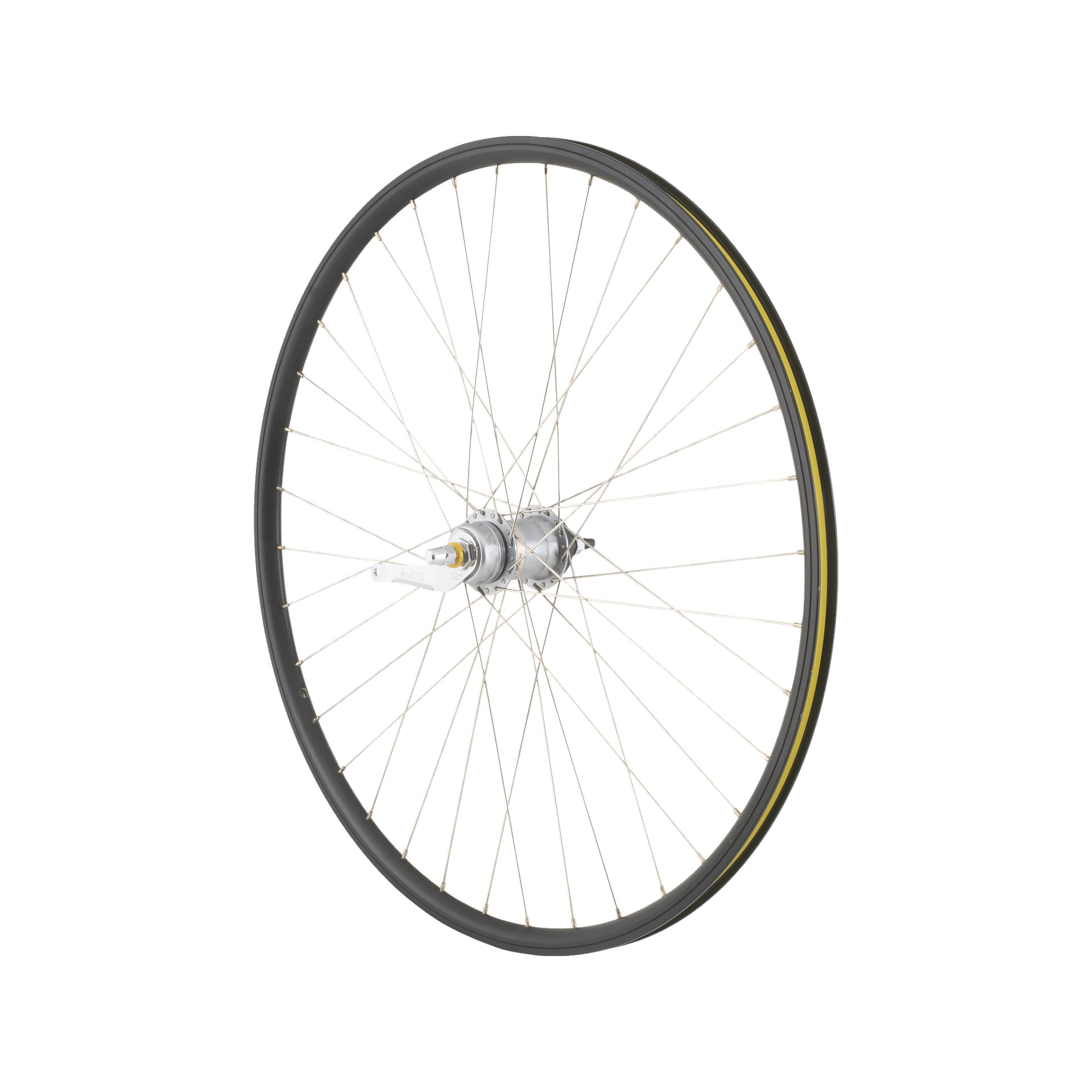 Rear Rim Women's Bike har ett enda hjul med svart däck, metallekrar och en central nav som står upprätt.