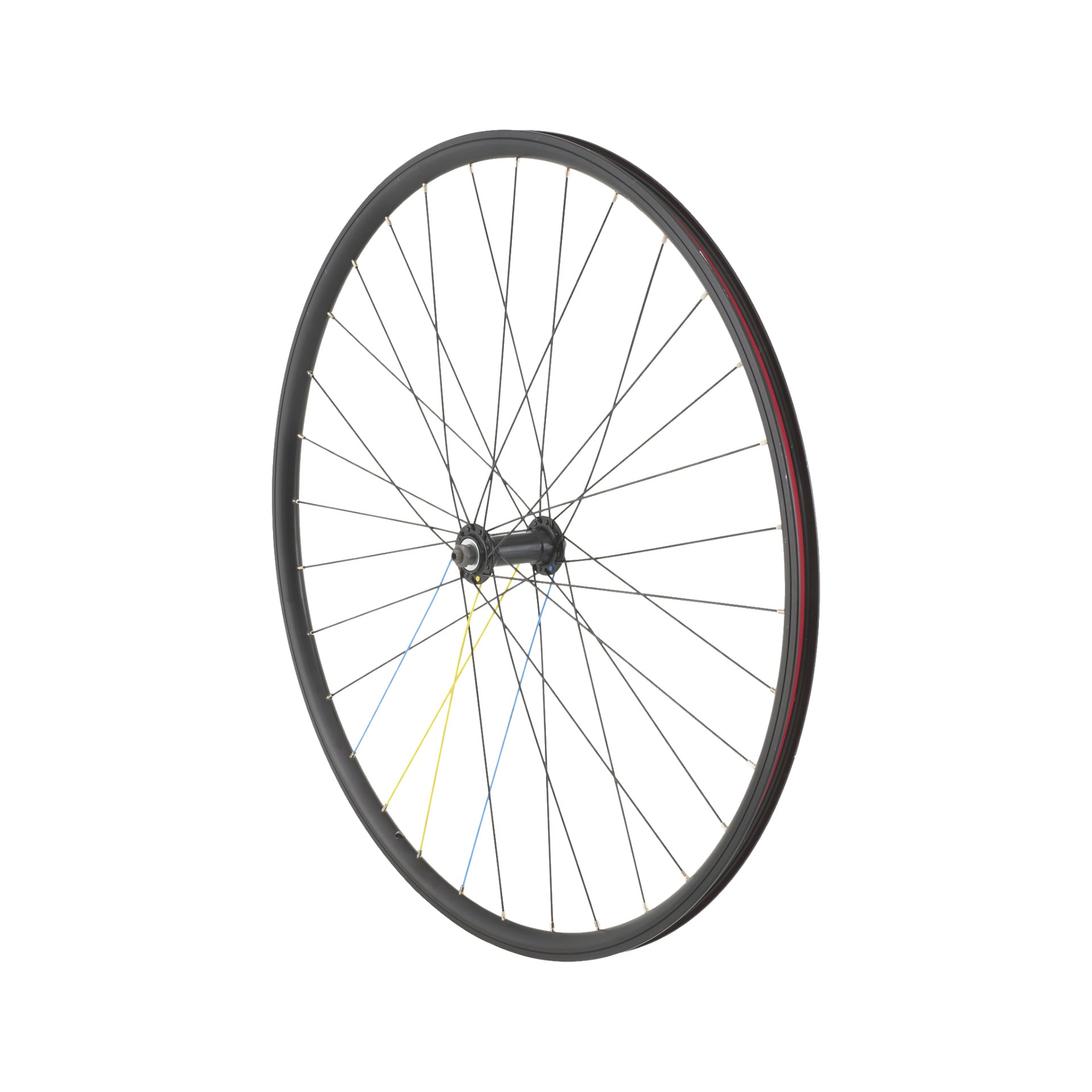 Front Wheel Rim 28" Cpl 006377 har et svart dekk og eiker, med tre eiker markert i gult og blått.