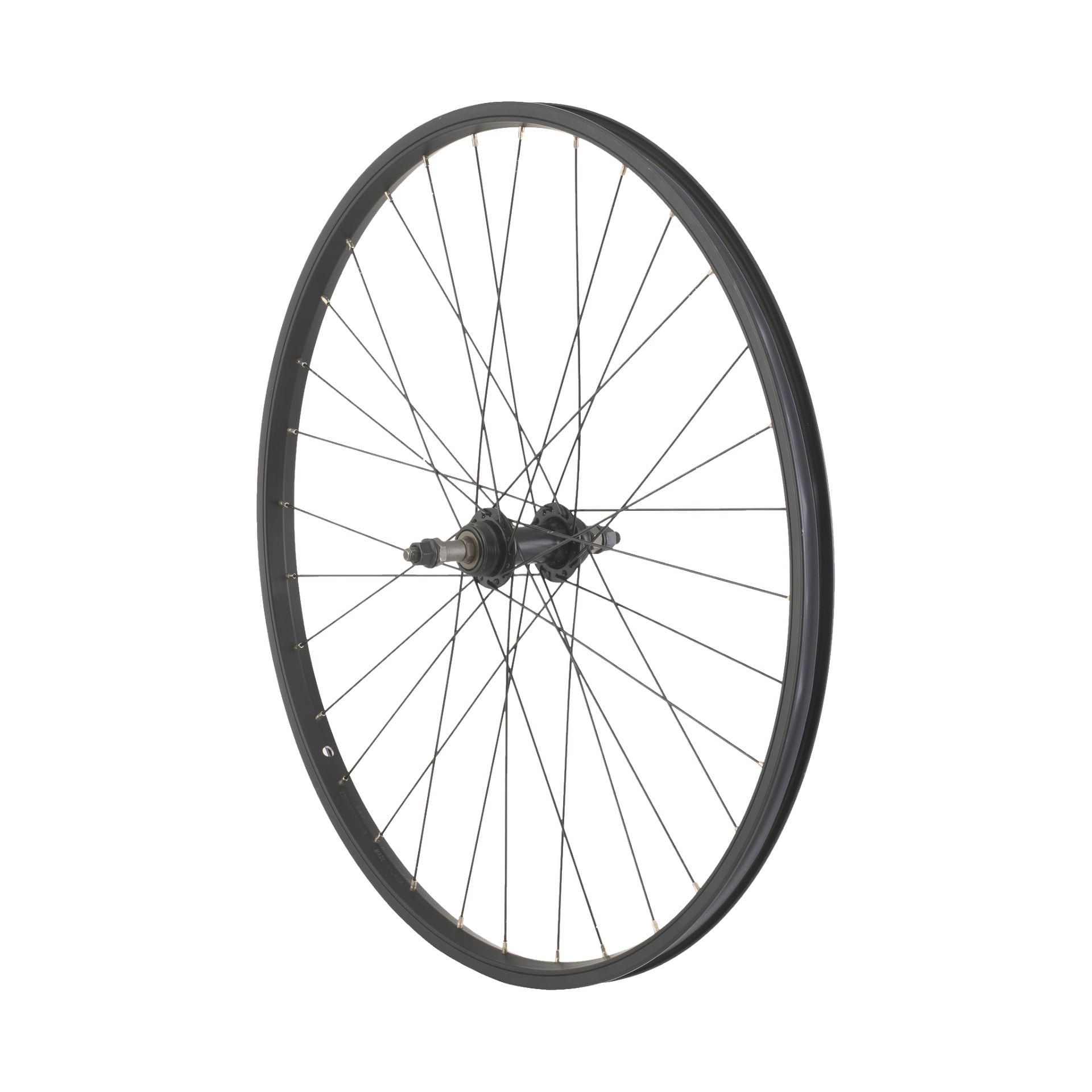 Bakfelgen 26" No Cassett 006381 har svart felg, metalleiker og et sentralt nav, som står oppreist alene.