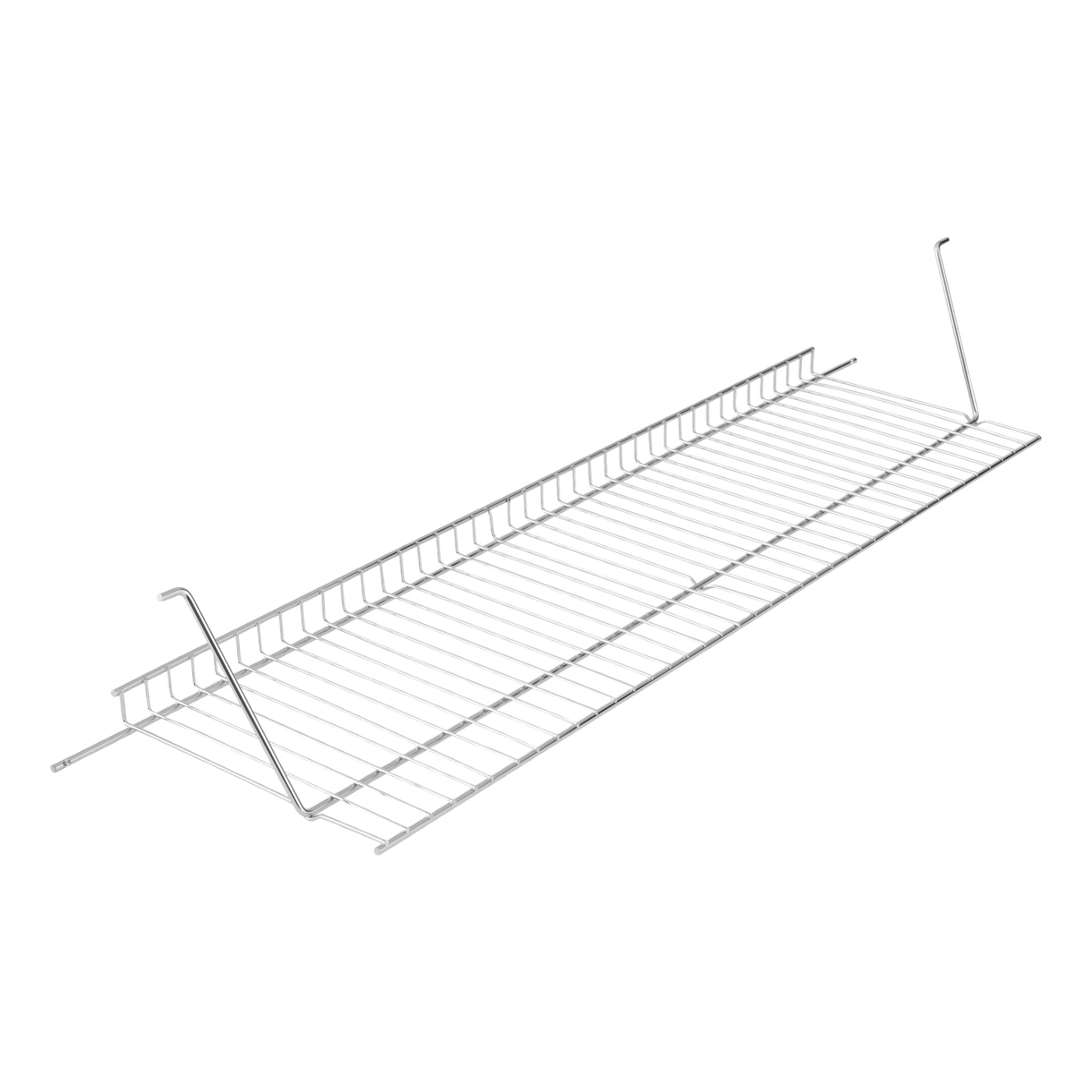 Warming Rack F. 010387 on metallinen lankahylly, jossa on korotetut sivureunat ja koukut, ja joka on esillä viistolla kuvattuna.