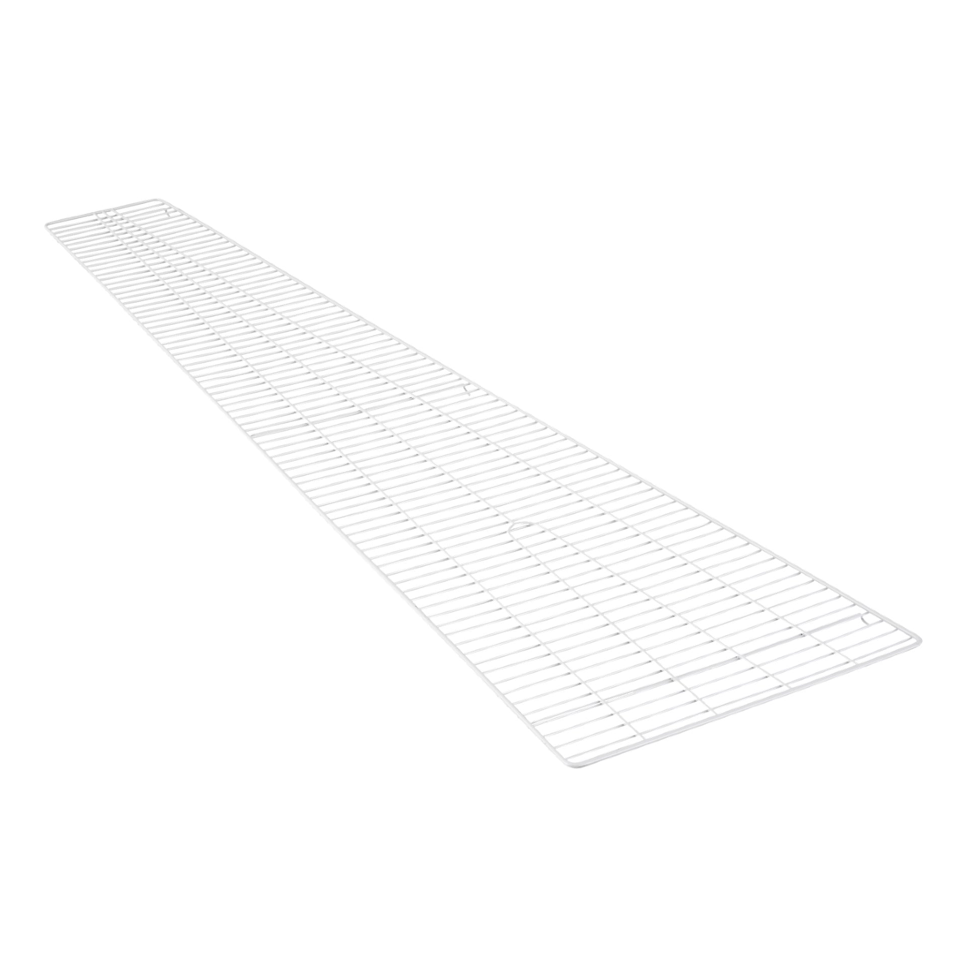 Safety Grille 014465 är ett långt, vitt trådställ med ett rutnät av jämnt fördelade horisontella och vertikala stänger, visade i vinkel.