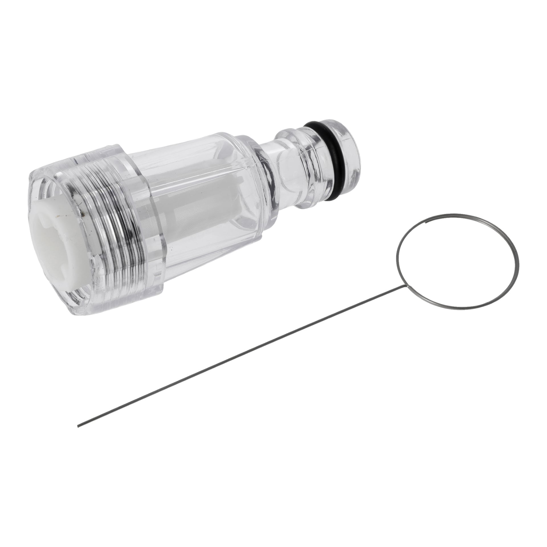 En vattenkontakt för högtryckstvätt har ett genomskinligt filter med vit kärna, svart O-ring och en metallrengöringsstift med runt handtag.