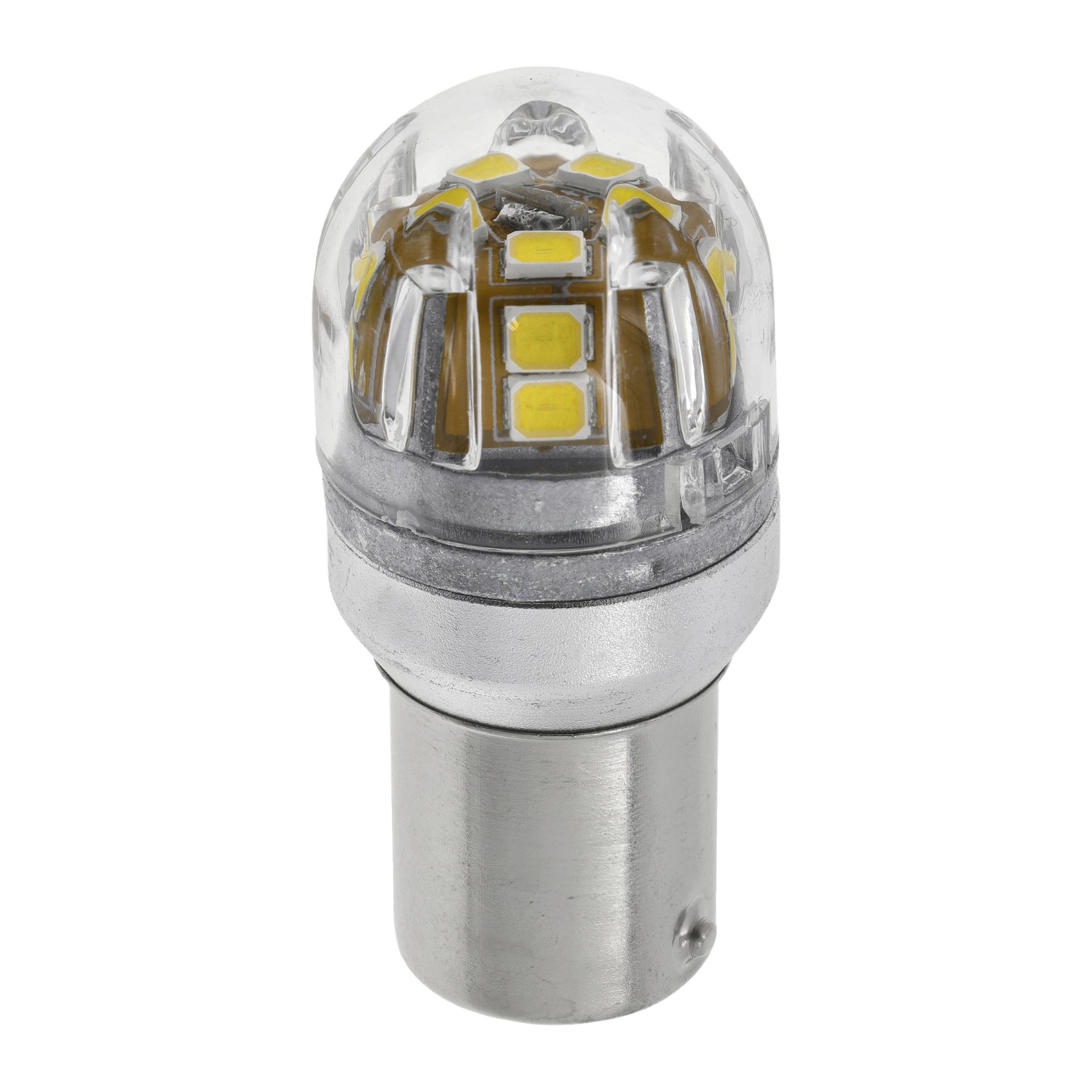 Eine detaillierte Ansicht einer Hamron LED-Autobirne P21W, die die klare, abgerundete Abdeckung, gelbe LED-Chips im Inneren und den metallisch silbernen Sockel zeigt.