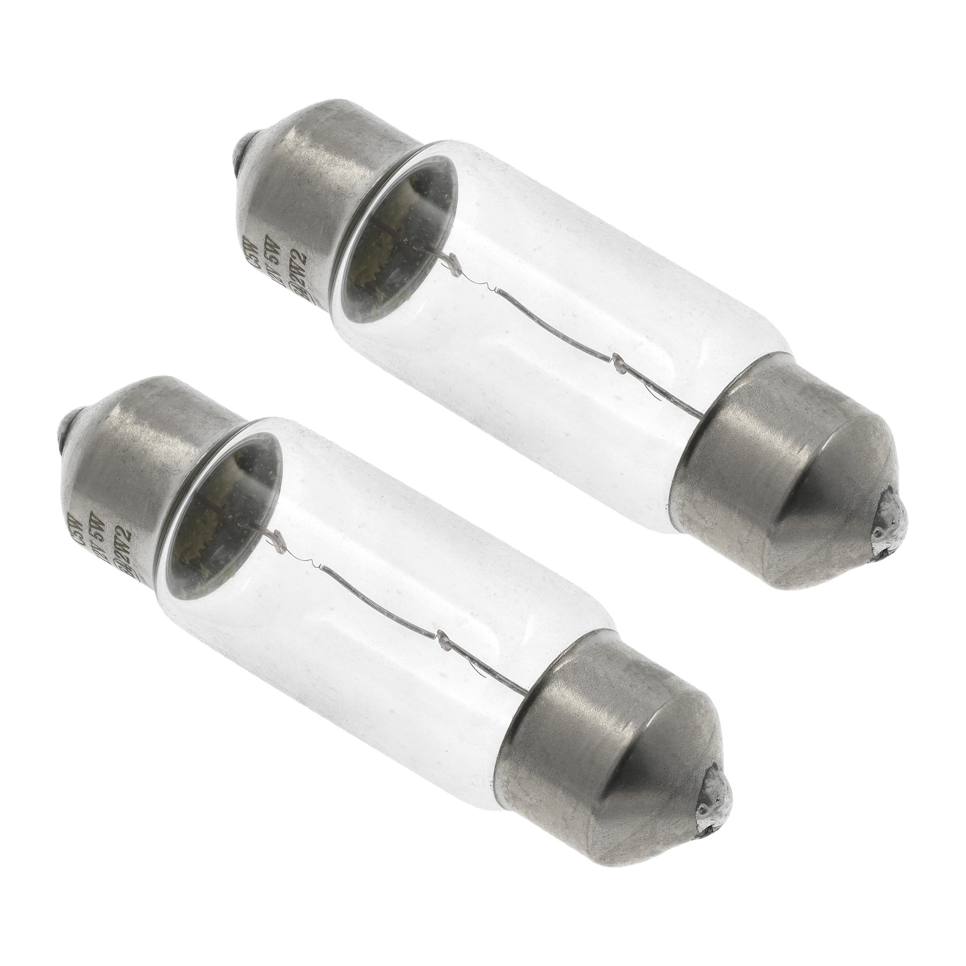 Kaksi Hamron Car Bulb C10W -polttimoa on esitetty vinottain. Jokaisessa lampussa on läpinäkyvä sylinterimäinen lasiputki, jossa on metallikorkit molemmissa päissä, paljastaen sisällä olevat filamentit. Tekniset yksityiskohdat on kaiverrettu metallijalustaan. Tämä on kahden lampun paketti.