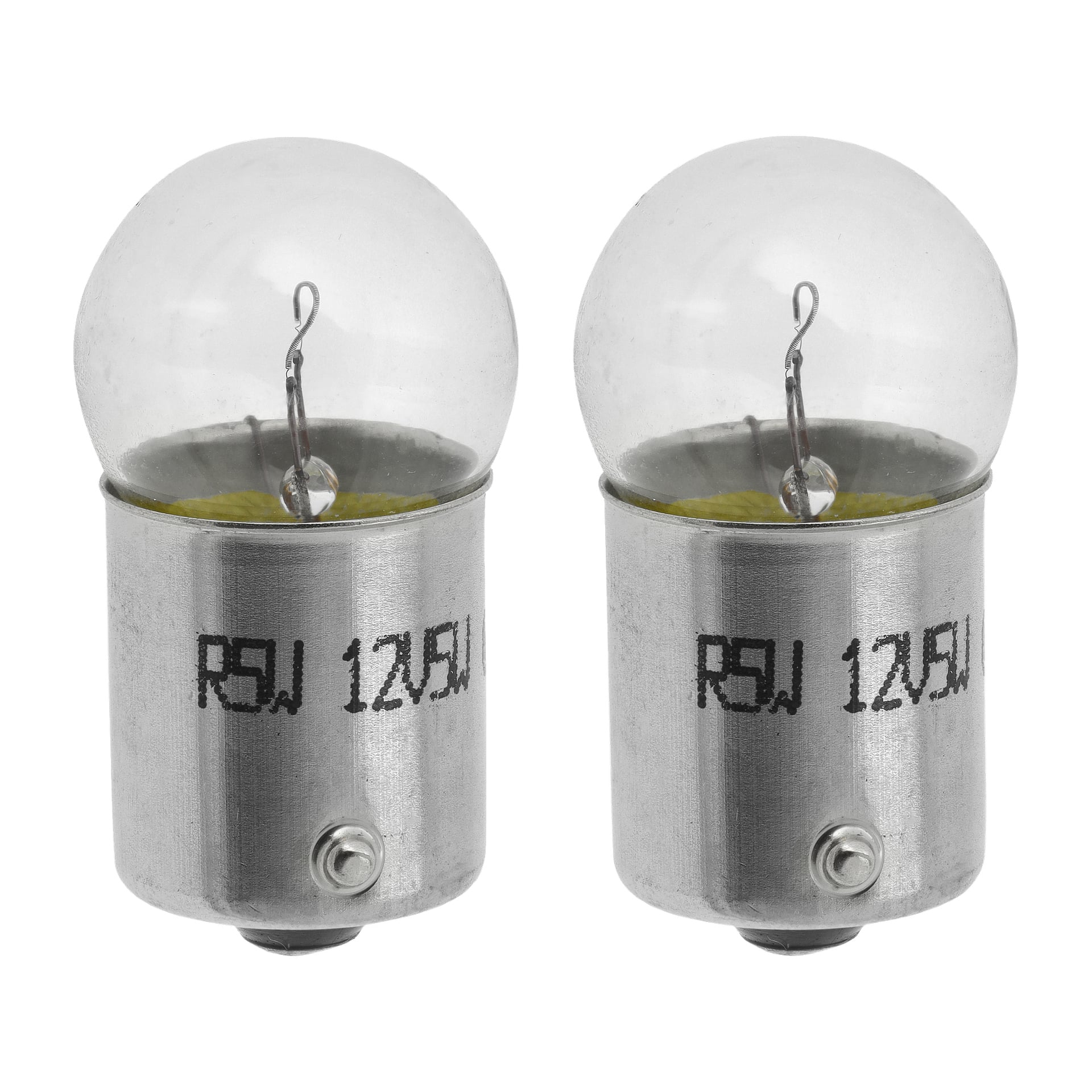 Kaksi identtistä Hamron R5W -auton polttimoa (kahden kappaleen paketti) on esitetty vierekkäin, kummassakin kirkas lasikansi, metallipohja ja näkyvä filamentti. "RSW 12V" on painettu pohjiin.