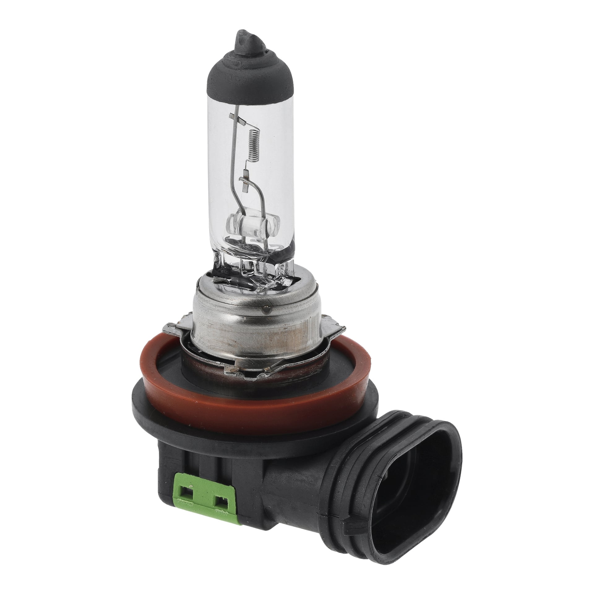 En Hamron H11 Halogen billampa med glasrör, metallbas, orange gummipackning och en svart plastkontakt med en grön flik.