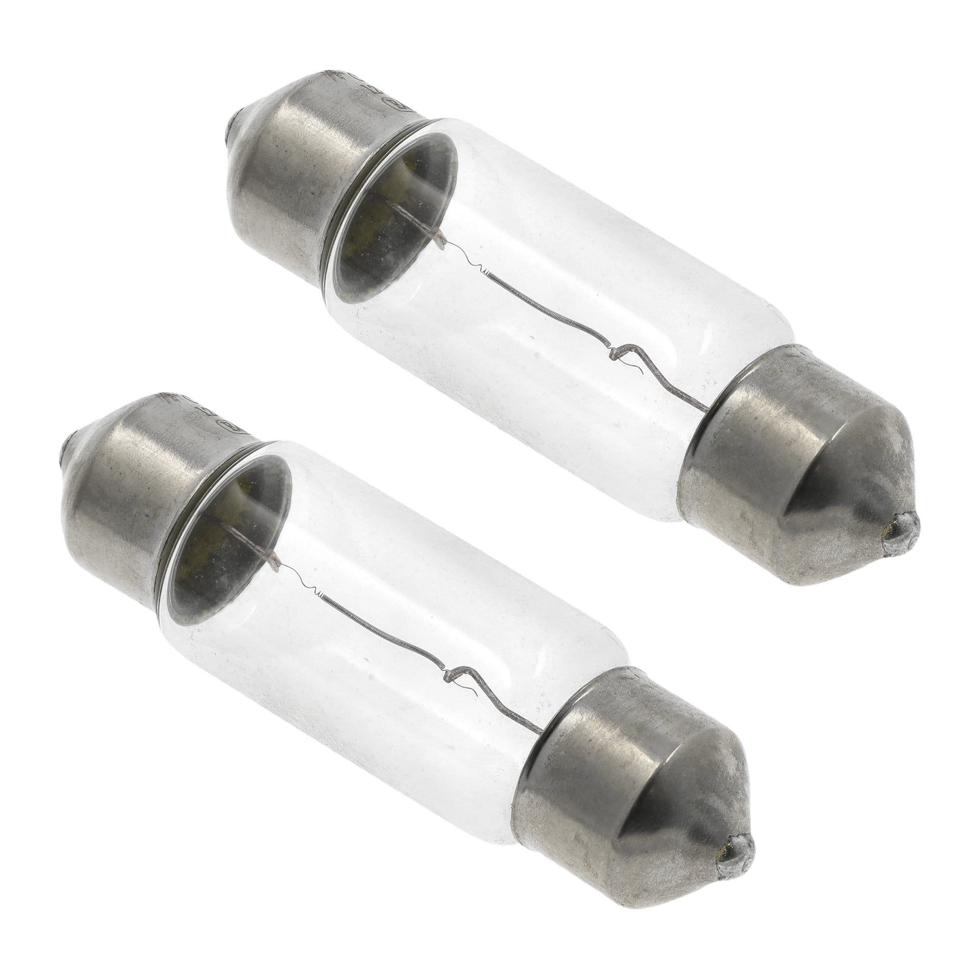 Två Hamron Car-lampor C5W-produkter är placerade sida vid sida. Varje har en cylindrisk glaskropp med metalllock i båda ändar och en tunn tråd synlig inuti.