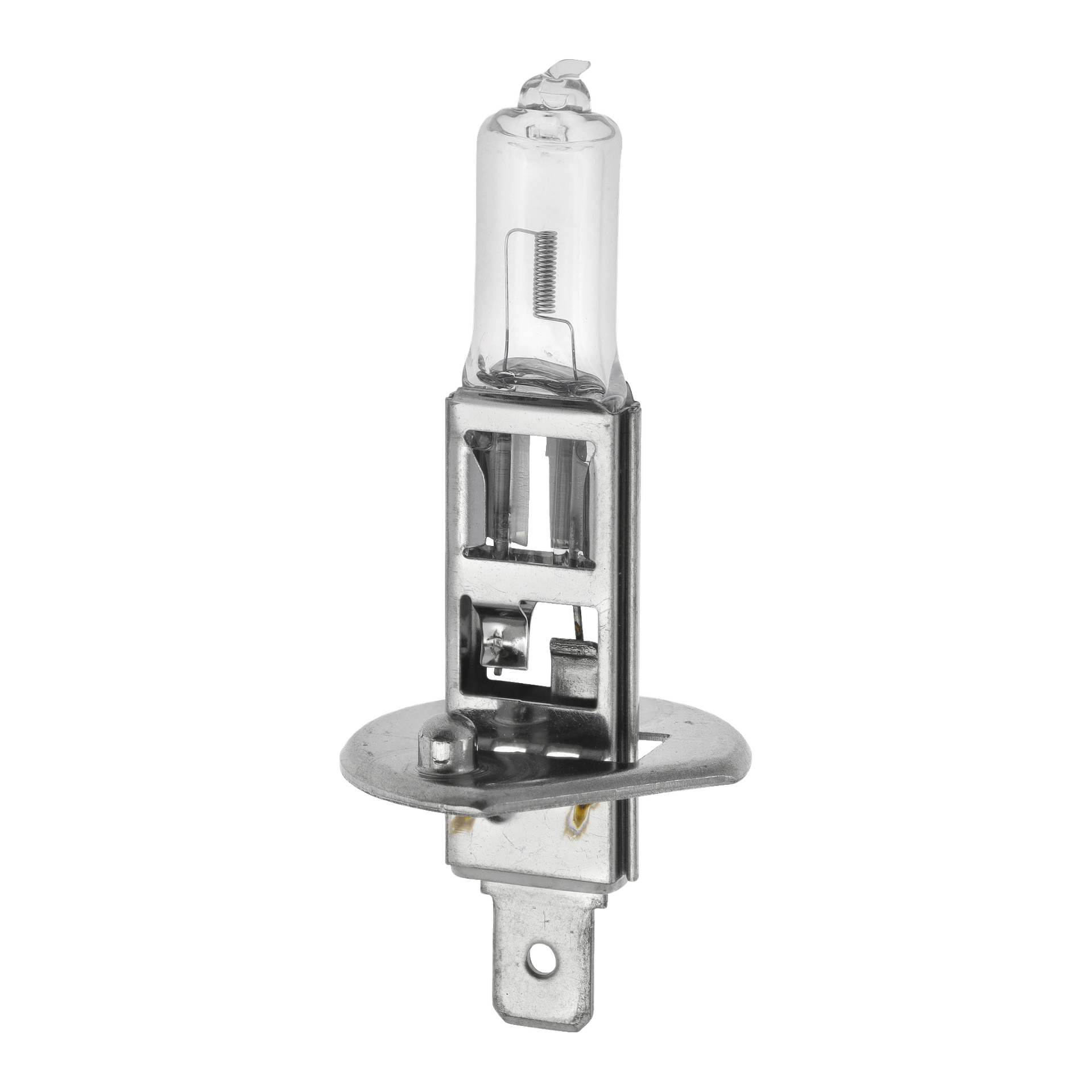 En Hamron Halogen H1-billampa med metallbas och transparent glaslock som visar glödtråden och de inre delarna.