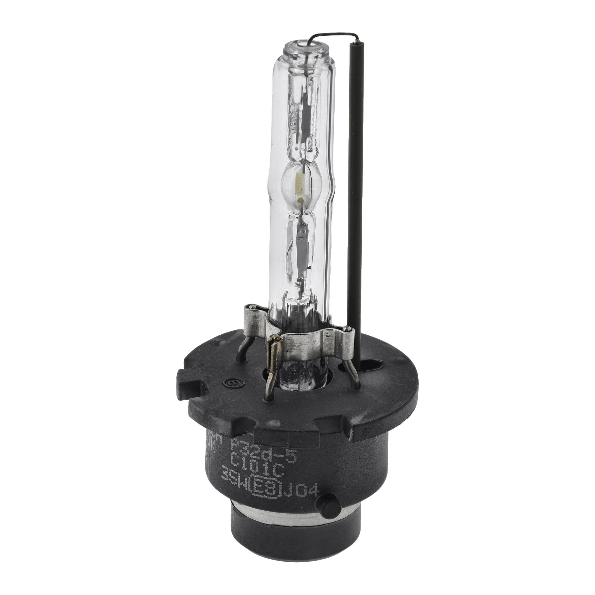 Eine Nahaufnahme einer Hamron Xenon D4S HID-Scheinwerferbirne, die das klare Glasrohr, Metallverbinder und einen schwarzen Kunststoffsockel mit weißen alphanumerischen Zeichen zeigt.