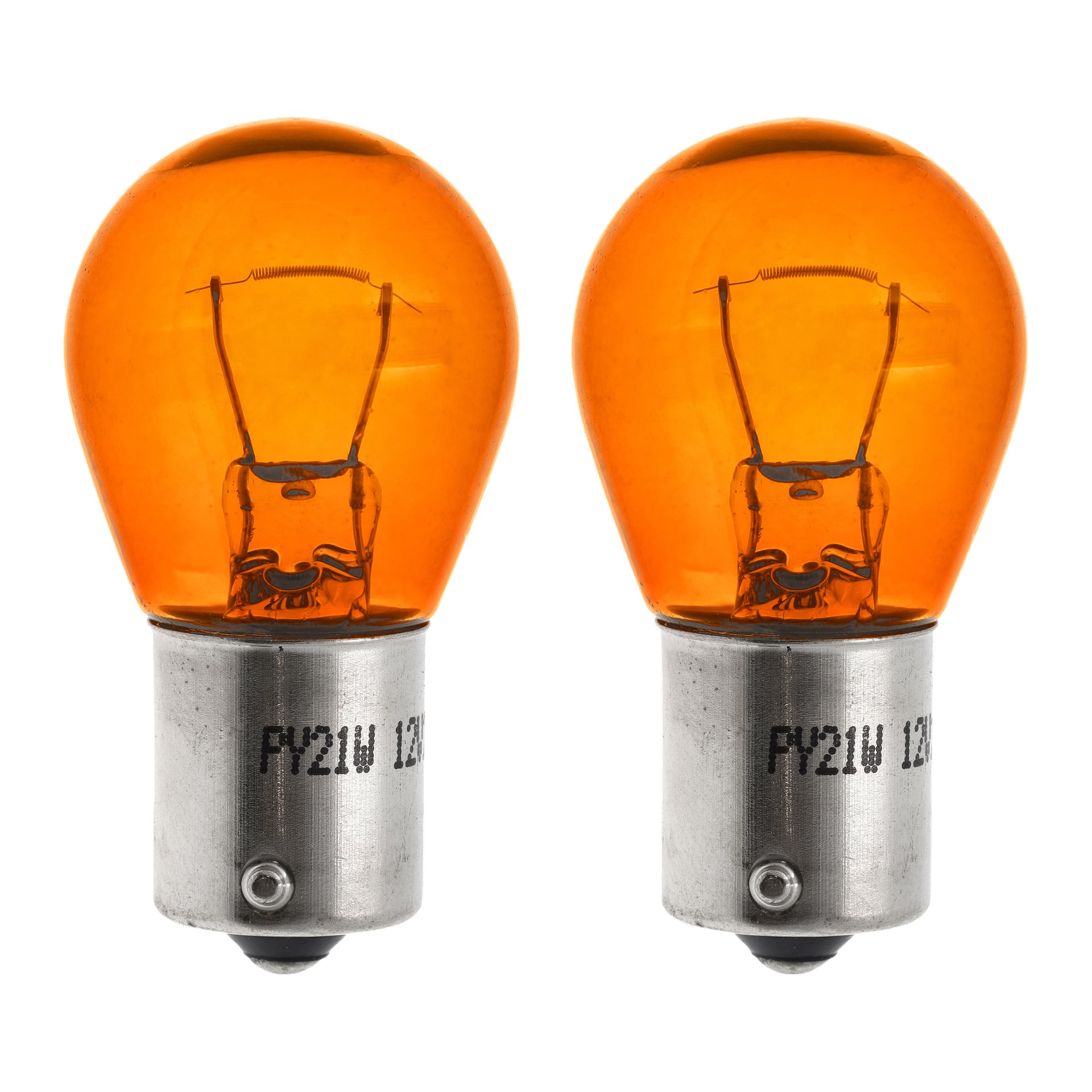 Två Hamron PY21W billampor med orange glas och metallsocklar står upprätt bredvid varandra. Deras interna filament är synliga och baserna visar tryckta specifikationer. Paketet innehåller två lampor.