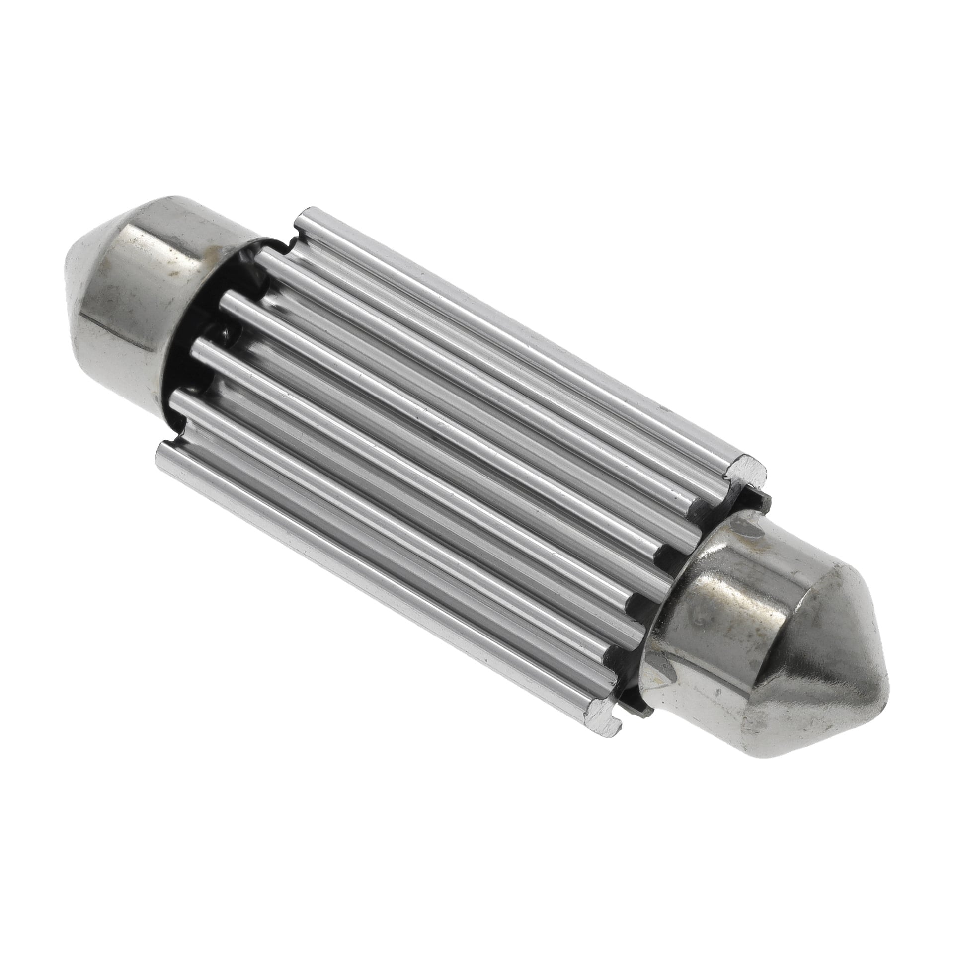 Lähikuva Hamronin LED-auton polttimon C5W/C10W 2-paketista, jossa näkyy kaksi sylinterimäistä lamppua vierekkäin terävillä metallipäätyillä.