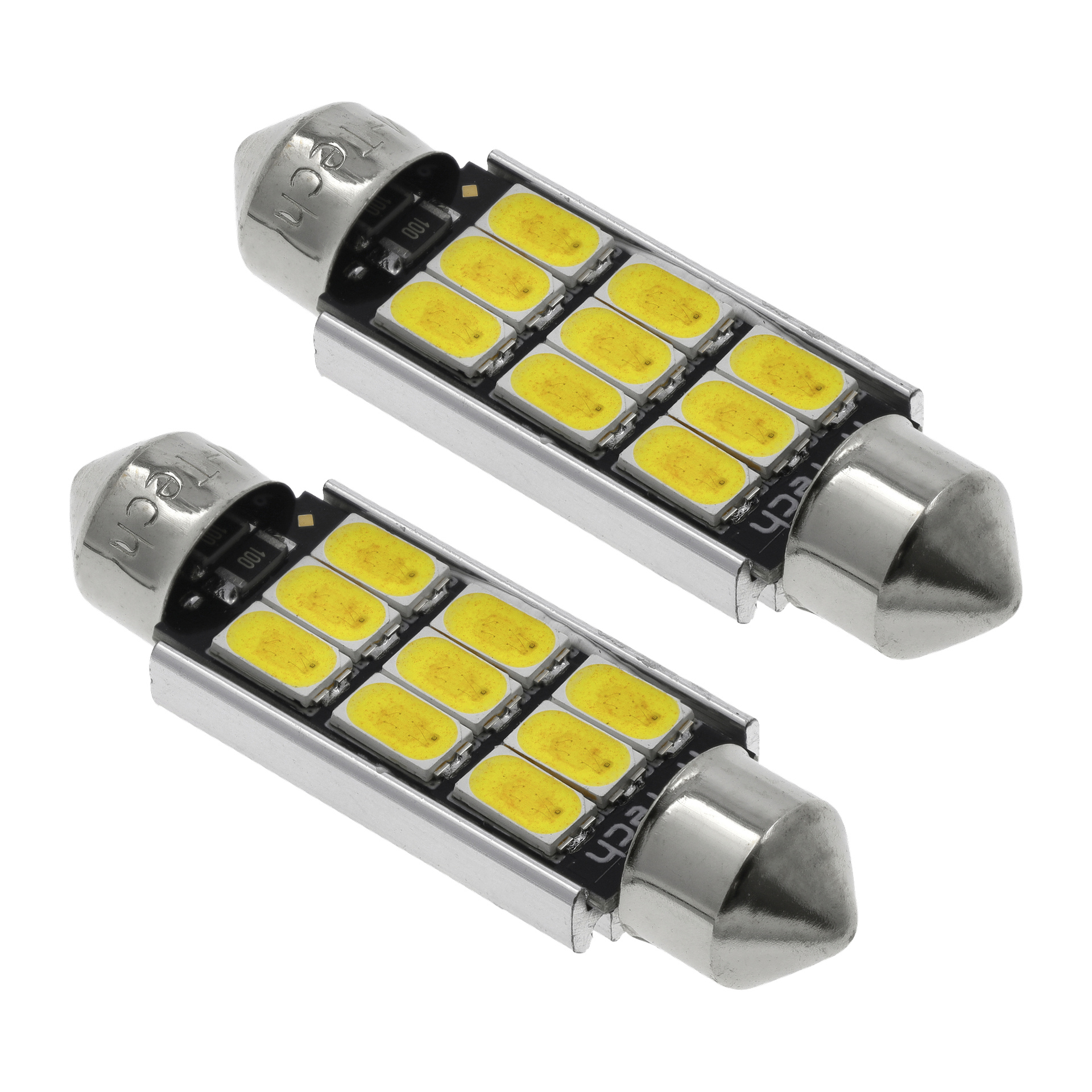 Esillä on kaksi Hamron LED -auton polttimoa, mallit C5W/C10W. Jokaisessa lampussa on musta piirilevy, jossa on kahdeksan keltaista pintaan kiinnitettävää LED-valoa kahdessa neljän rivissä ja hopeiset metallikorkit kummassakin päässä.