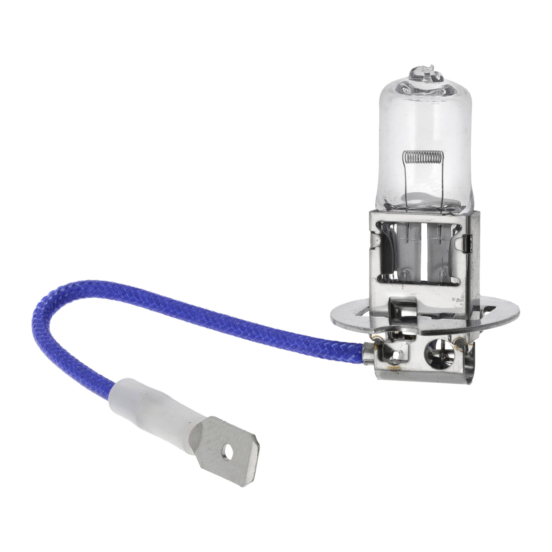 Eine Hamron Halogen H3 Autoglühbirne mit Metallsockel und einem kurzen blauen, stoffbeschichteten Draht, der in einem Metallspatenstecker endet.