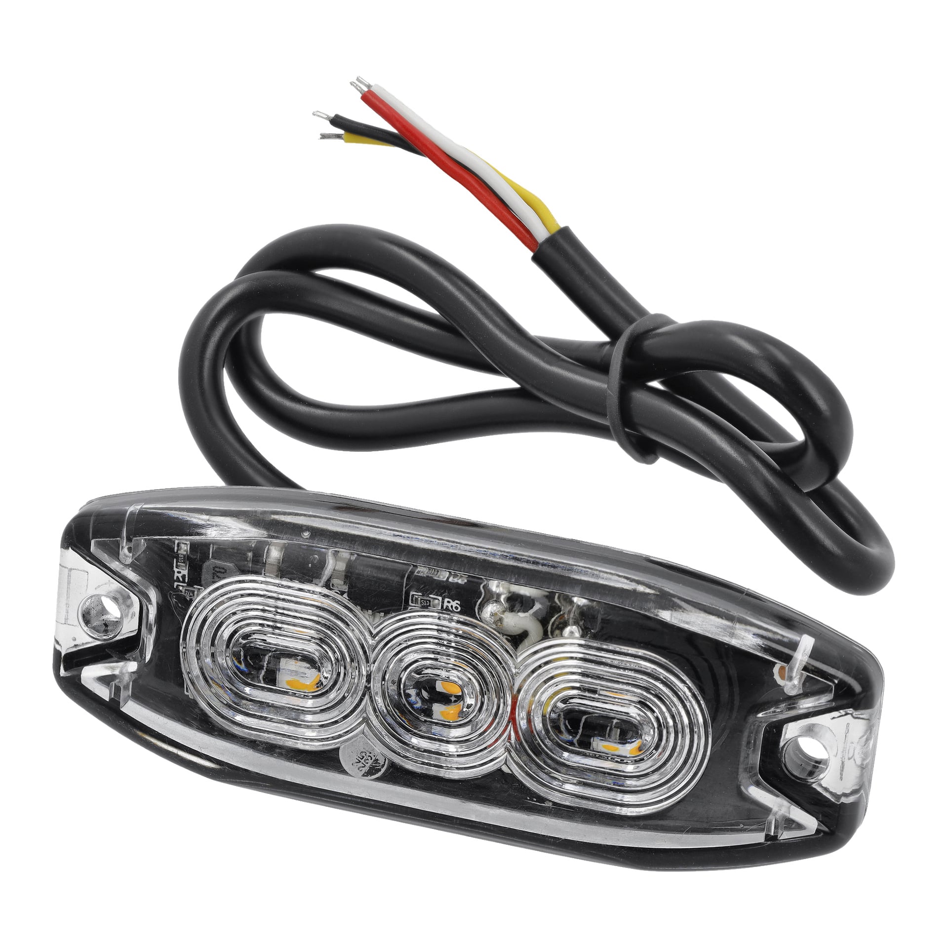 Eine ovale, transparente Hamron-LED-Taschenlampe mit drei sichtbaren Glühbirnen im Inneren, einem schwarzen Außengehäuse, zwei Befestigungslöchern und vier farbigen Drähten – rot, schwarz, weiß und gelb – die von hinten herausragen.
