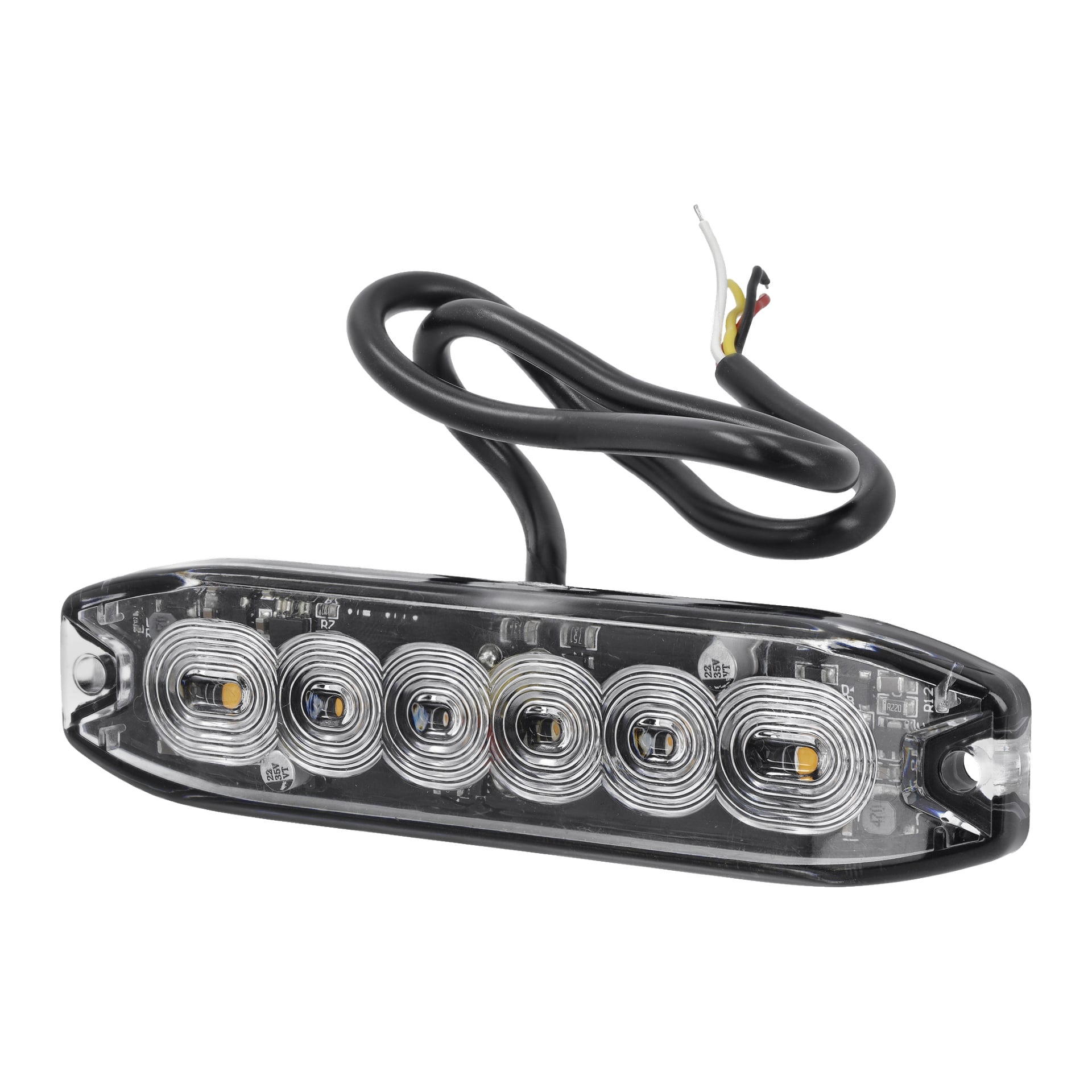 Nahaufnahme einer Hamron LED-Taschenlampe mit rechteckiger Form, fünf runde LED-Lichter unter einer transparenten Abdeckung und einem angeschlossenen schwarzen Kabel, das rote, gelbe, weiße und schwarze Drähte freilegt.