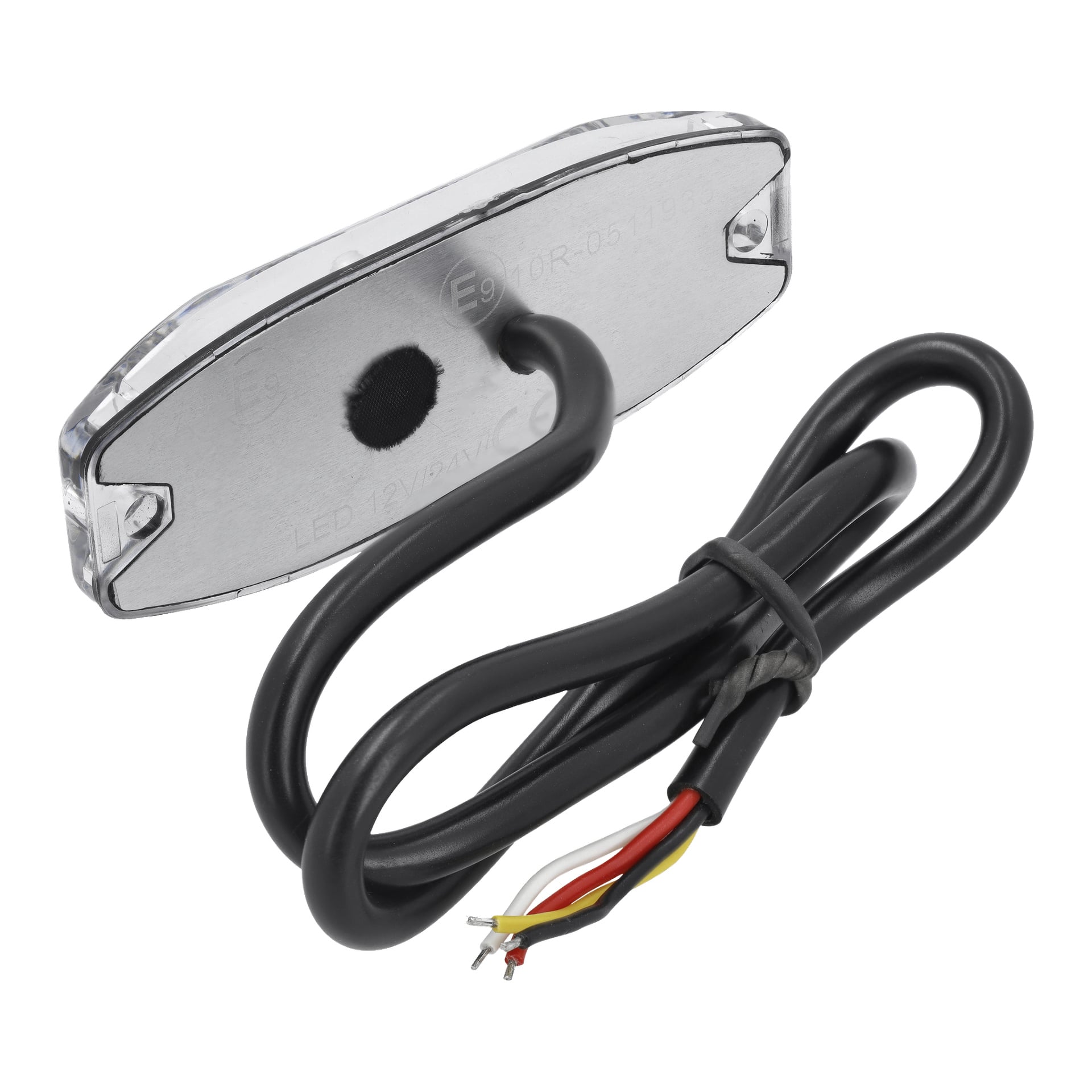 Die Hamron-LED-Taschenlampe hat ein kleines Panel mit einer transparenten Abdeckung und einer Metallrückseite. Es ist an ein schwarzes Kabel angeschlossen, das in freiliegenden roten, gelben und schwarzen Drähten endet. Das Kabel bildet eine Schlaufe und wird mit sich selbst befestigt.