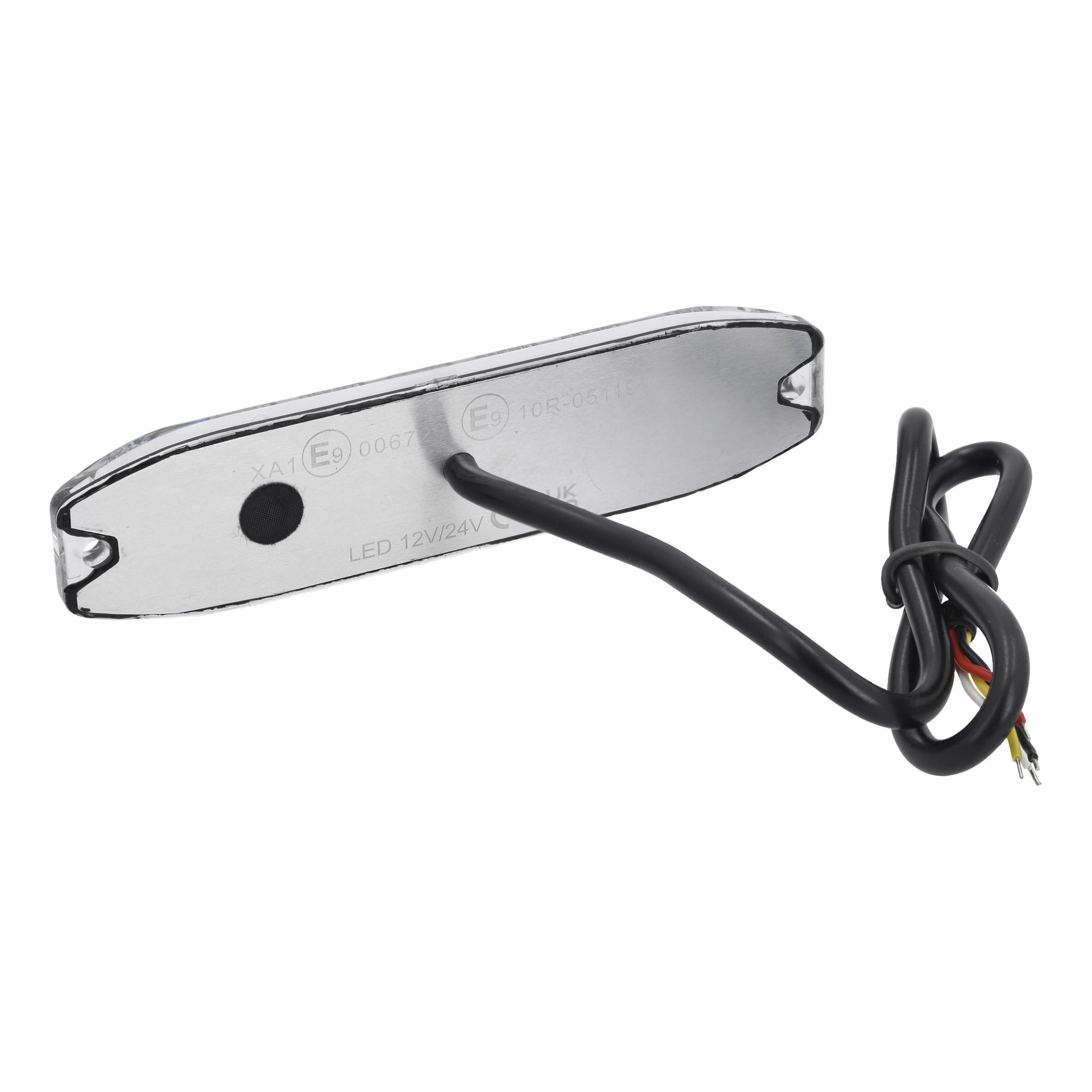 Hamron LED-Taschenlampe mit einer rechteckigen silbernen Rückplatte mit gravierten Details, einem schwarzen runden Element und einem schwarzen Kabel, das rote, gelbe und schwarze Drähte an der Spitze zeigt.