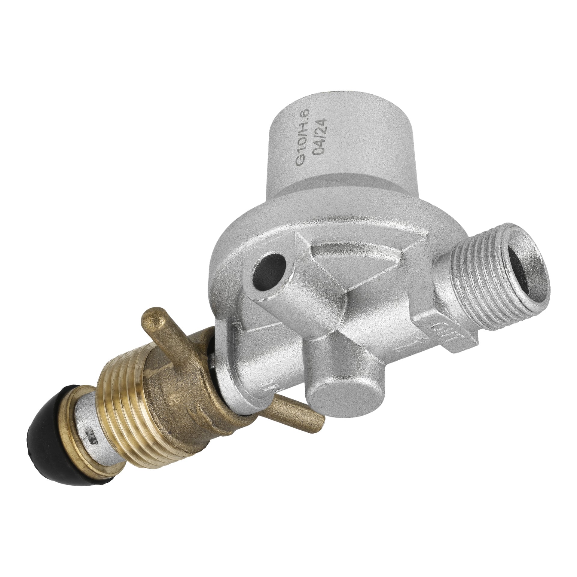 En Rimac-gasregulator med en mässingskontakt, gängade ändar och en metallisk cylindrisk kropp med två primära portar och en svart gummilock på ena sidan.