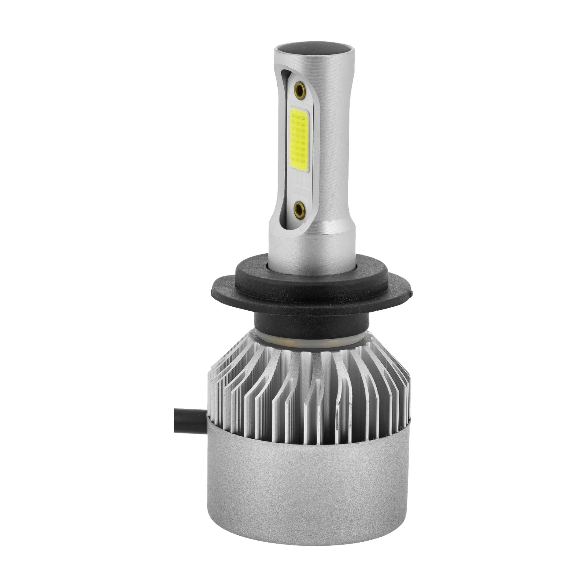 Nahaufnahme einer Hamron LED-Autobirne H7 aus einem 2er-Pack, mit silbern geripptem Kühlkörper und dem markanten gelben LED-Chip.