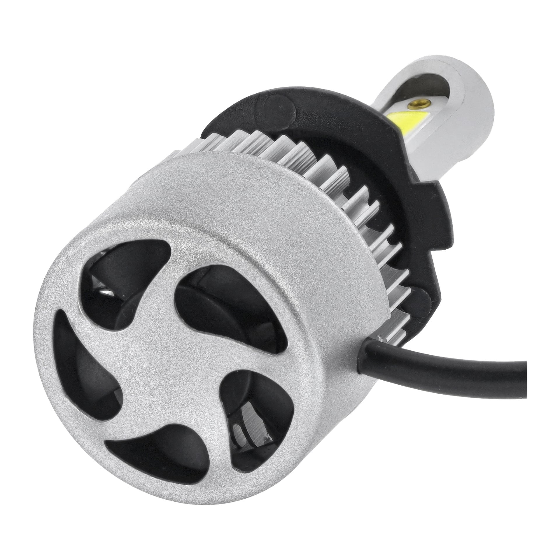 Detaillierte Ansicht einer silbernen Hamron H7 LED-Autobirne mit einem Kühlkörper und einem kleinen Kühlventilator hinten, verbunden mit einem schwarzen Elektrokabel. Kommt als Zweierpack.