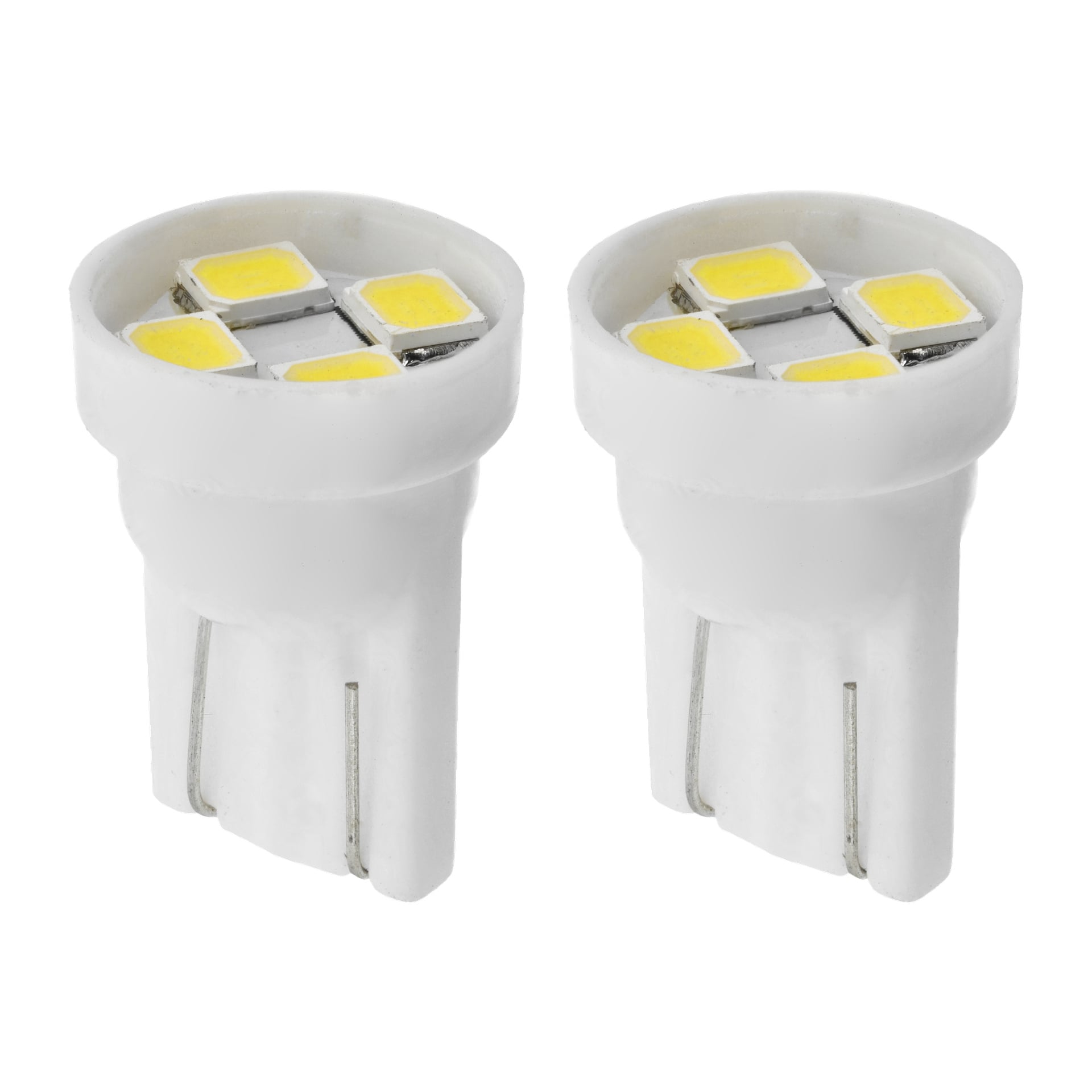 Zwei Hamron W5W LED-Autoglühbirnen sind nebeneinander dargestellt, jeweils mit weißem Sockel, vier gelben quadratischen Dioden oben und Metallsteckverbindern am unteren Rand.