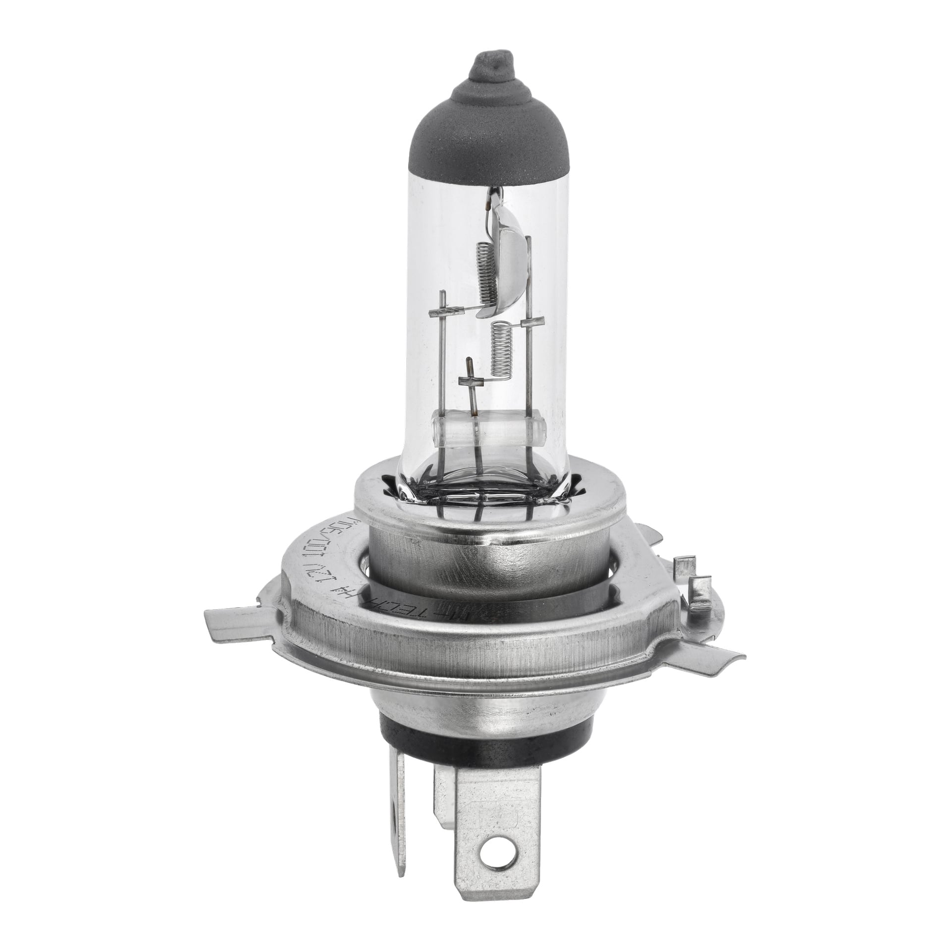 En närbild av Hamron Halogen H4-billampan visar dess transparenta glasrör, exponerade glödtråd och metallbas med två platta klutar.