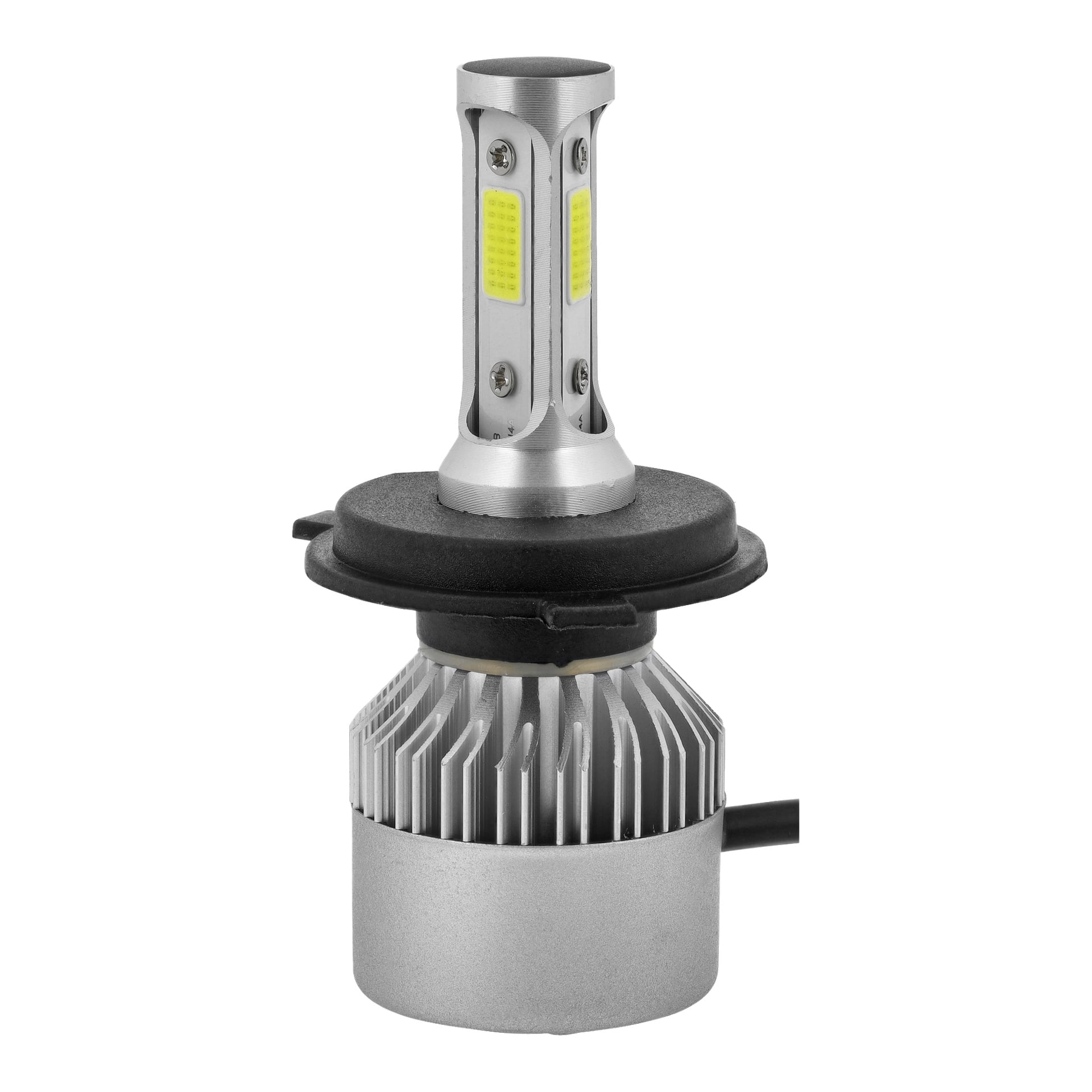Närbild på en Hamron LED-billampa H4 tvåpack, med glödlampor med silverfärgad kropp, gula belysningspaneler, svarta gummitätningar, metallkylflänsor och en ansluten anslutningsledning.