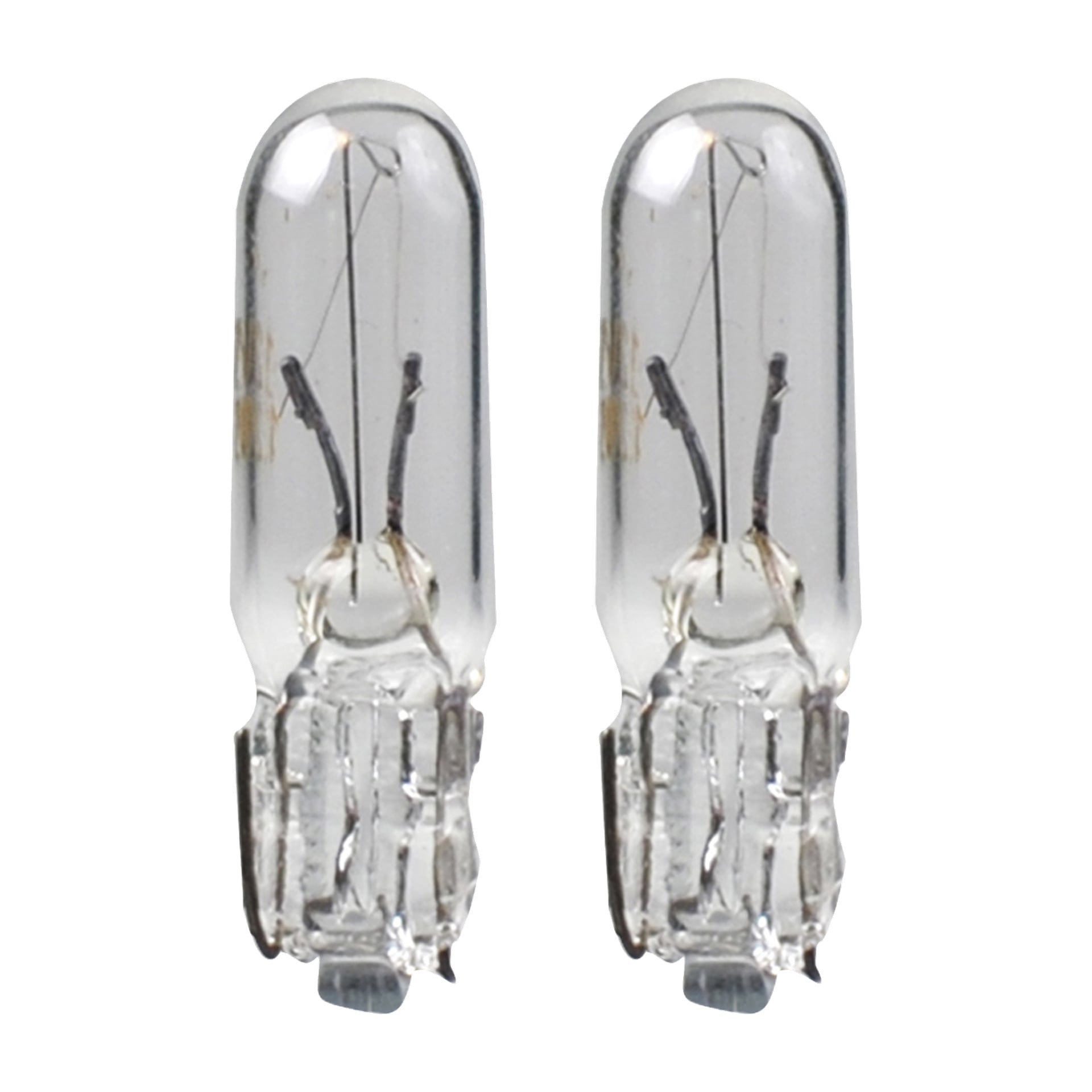 Två Hamron-billampor, modell W1, 2W/T5, visas sida vid sida. Varje kompakt lampa har en transparent glaskropp med en synlig glödtråd inuti och en metallsockel längst ner för sockelanslutning. Bilden visar båda lamporna som ingår i paketet.