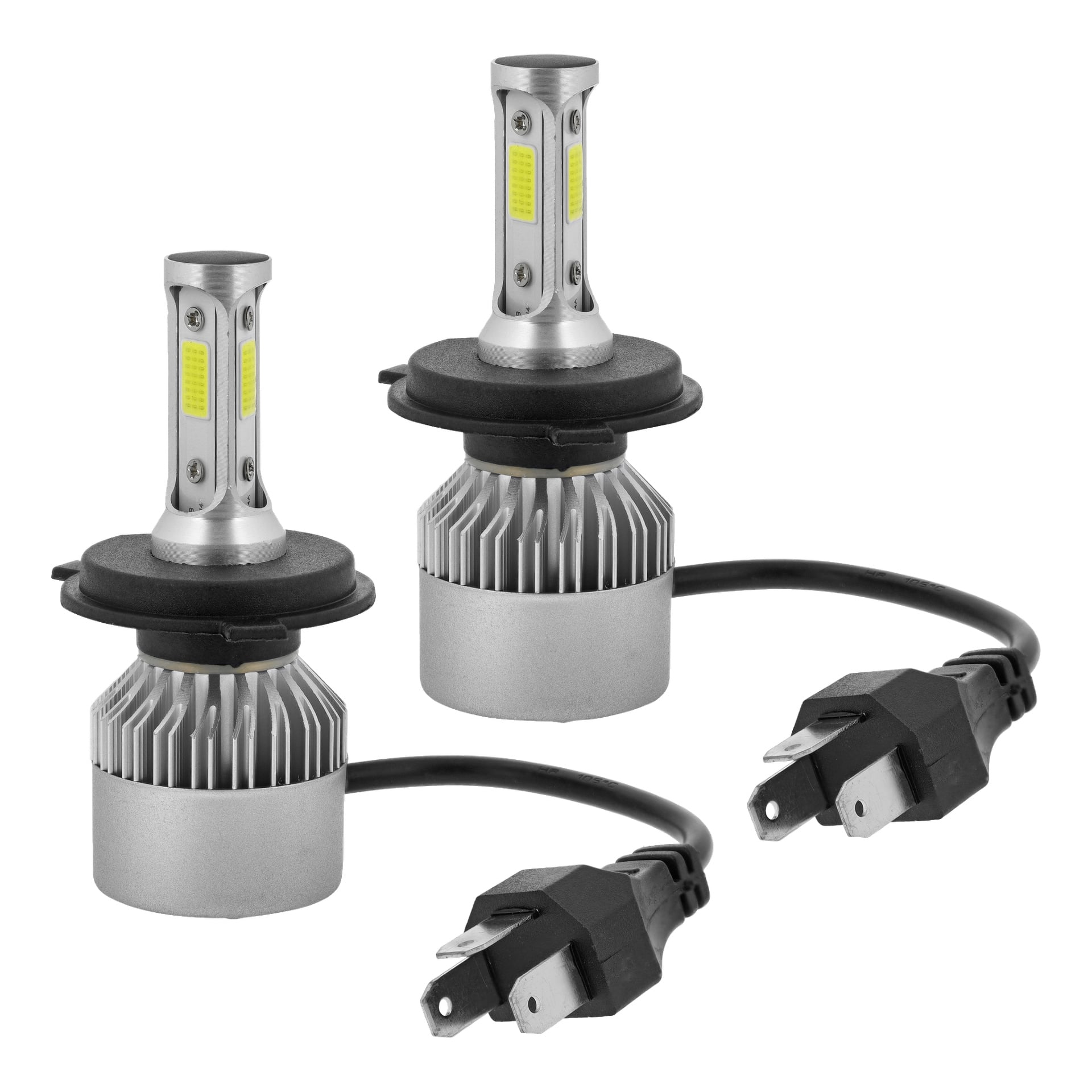 Två Hamron LED H4-billampor från en tvåpack visas, var och en med en silverfärgad kropp, kylflänsar och svarta strömkablar med standard tvåstiftskontakter.