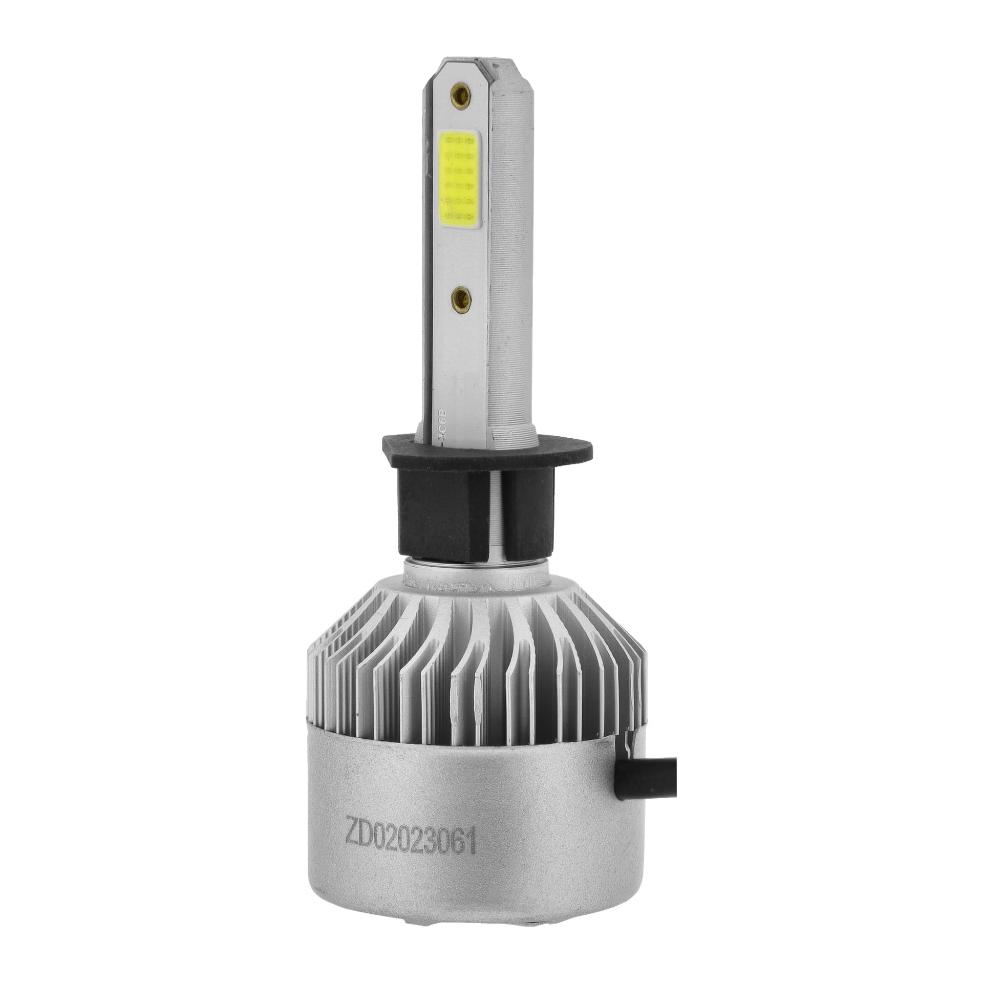 Nahaufnahme einer Hamron LED-Autoglühbirne H1, mit metallischem Kühlkörper an der Basis, freiliegenden LED-Chips auf einer Seite und einem schwarzen Kunststoffring in der Mitte. Der Code ZD02023061 wird im unteren Abschnitt angezeigt. Nur eine Glühbirne aus einem 2er-Pack ist sichtbar.