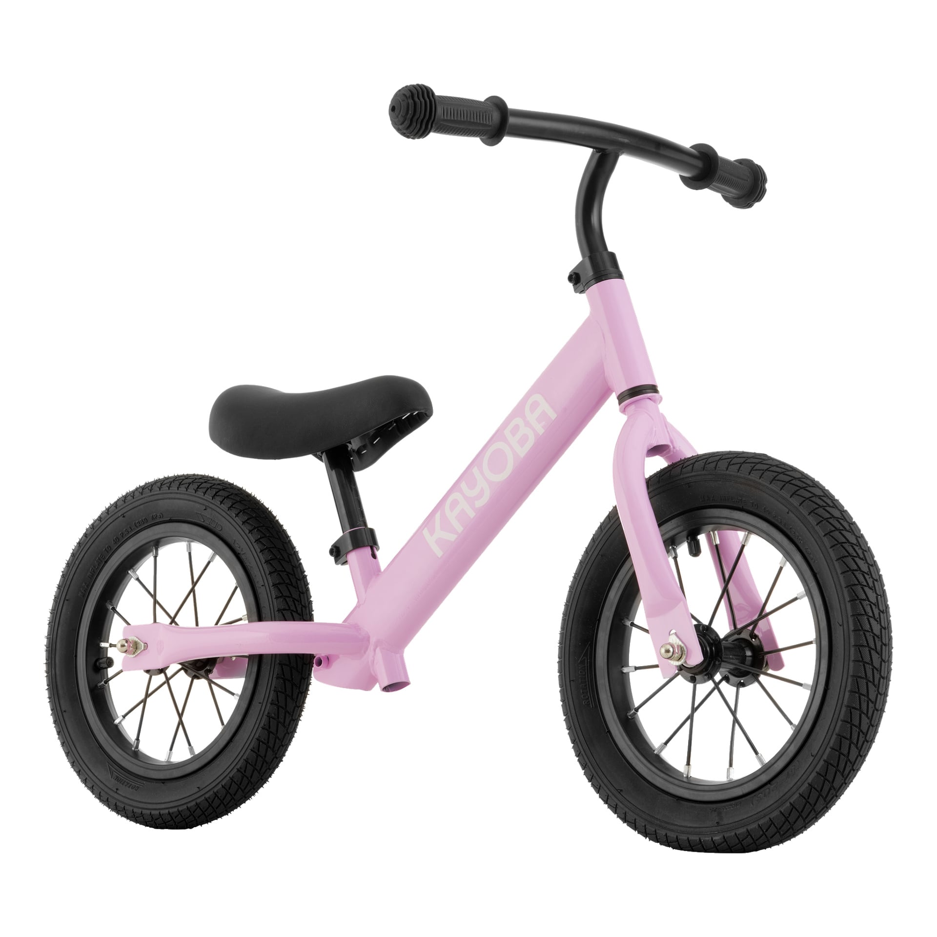 En liten rosa Kayoba balanscykel med svart styre, sadel och däck. Cykeln är trampfri, saknar stödhjul och har Kayoba-logotypen på ramen.