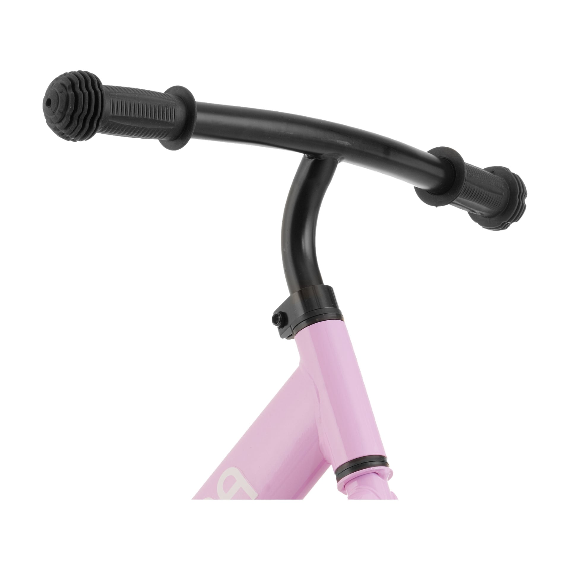 Närbild på ett svart styre med gummigrepp på en rosa Kayoba Balance-cykelram, som framhäver styrstammen och en del av överröret.