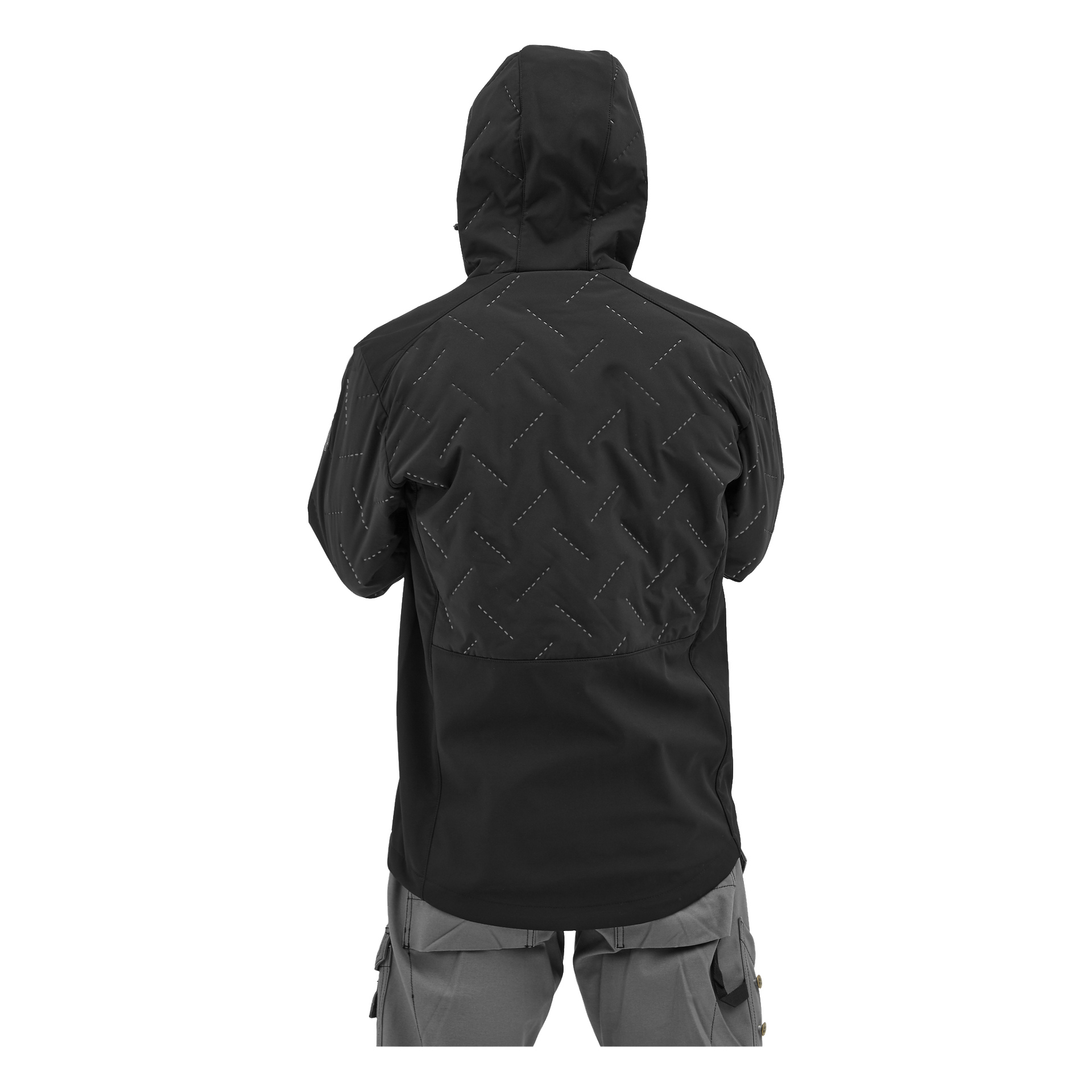 En person med ryggen mot kameran bär Bluewear Lightly vadderad herrsoftshelljacka Jerry i svart, med ett subtilt mönster, tydliga sömnadsdetaljer och en design på ryggpanelen. Outfiten kompletteras med grå byxor.