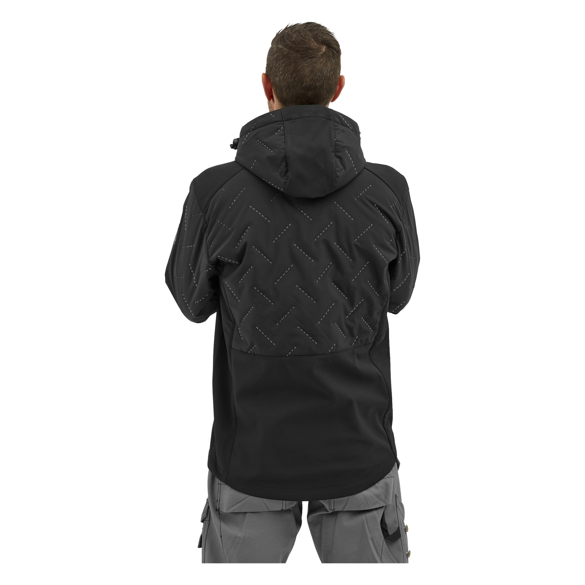 En person med kort brunt hår syns bakifrån, klädd i Bluewear Jerrys lätt vadderade svarta softshell-jacka för män med ett diskret broderat mönster, tillsammans med grå byxor.