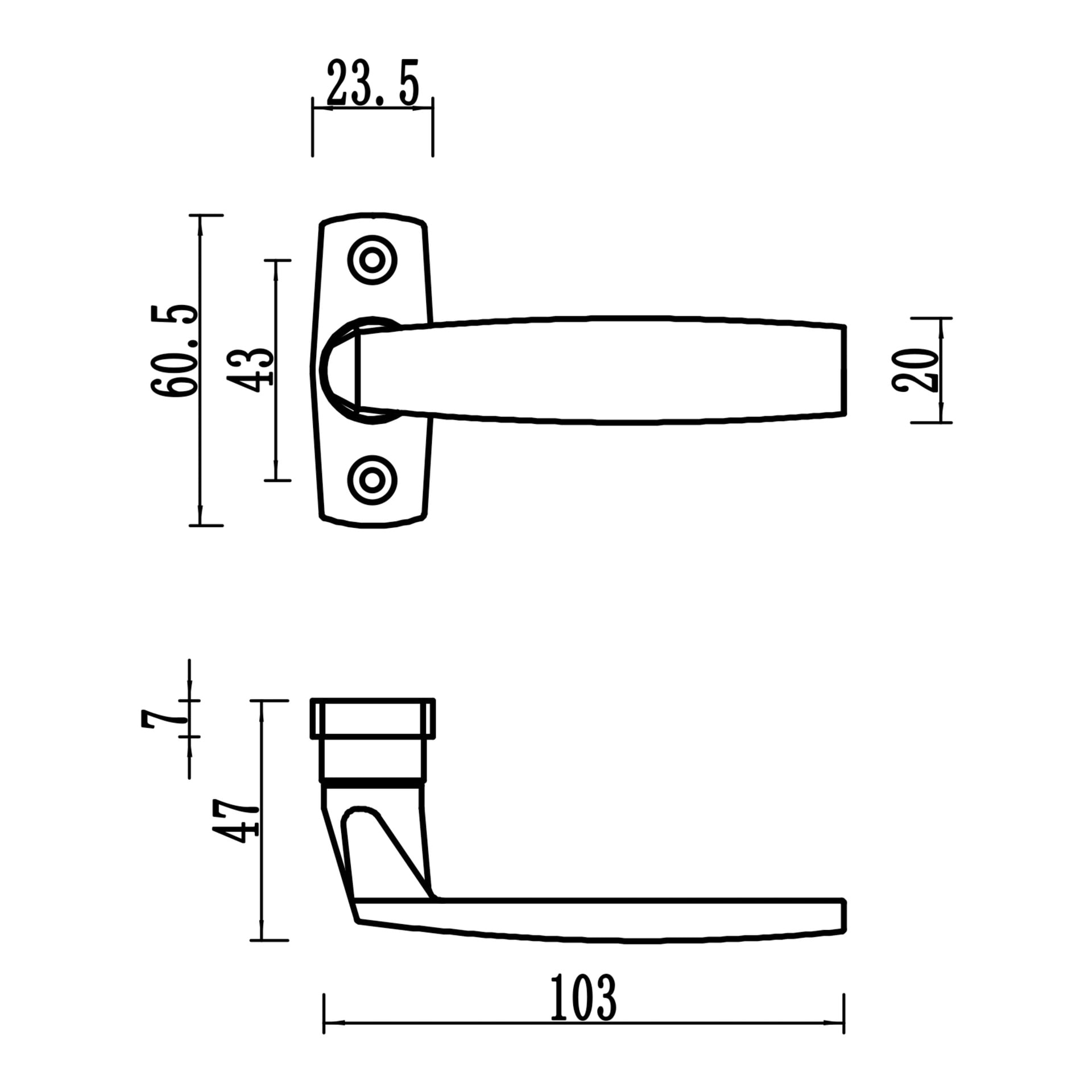 Teknisk diagram over et Hard Head vindushåndtak som viser mål: bunnplaten måler 60,5 mm x 23,5 mm, håndtaket er 103 mm langt og 20 mm bredt, monteringshullene er plassert 43 mm fra hverandre, sidehøyden er 47 mm, og offset er 7 mm.