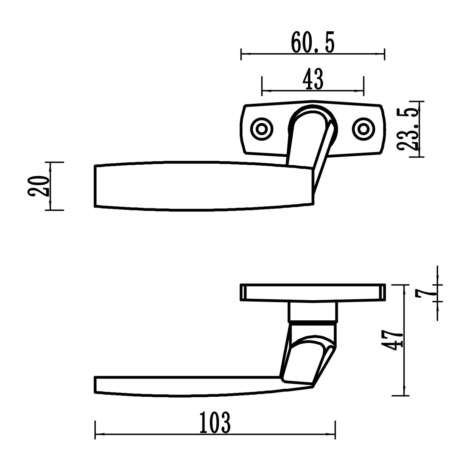 Hard Head -ikkunakahvan kaavio yksityiskohtaiset mitat: 103 mm pituus, 47 mm korkeus, pohjan leveys 60,5 mm, pohjan korkeus 23,5 mm, kahvan paksuus 20 mm, levyn paksuus 7 mm ja kiinnitysreikien välinen etäisyys 43 mm.