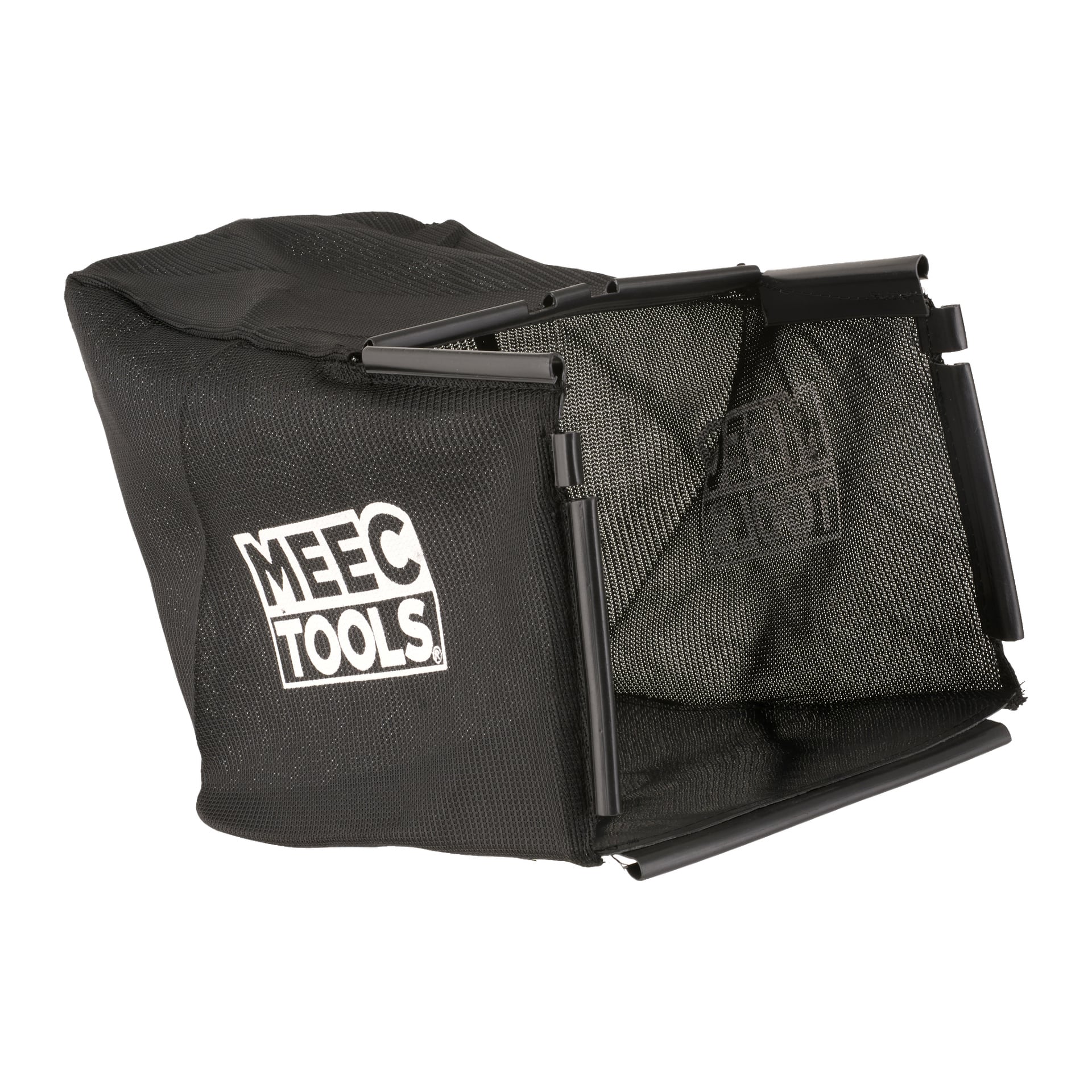 Torba kolekcjonerska z trawą z czarną siatką, metalową ramą i białym logo MEEC TOOLS po bokach.