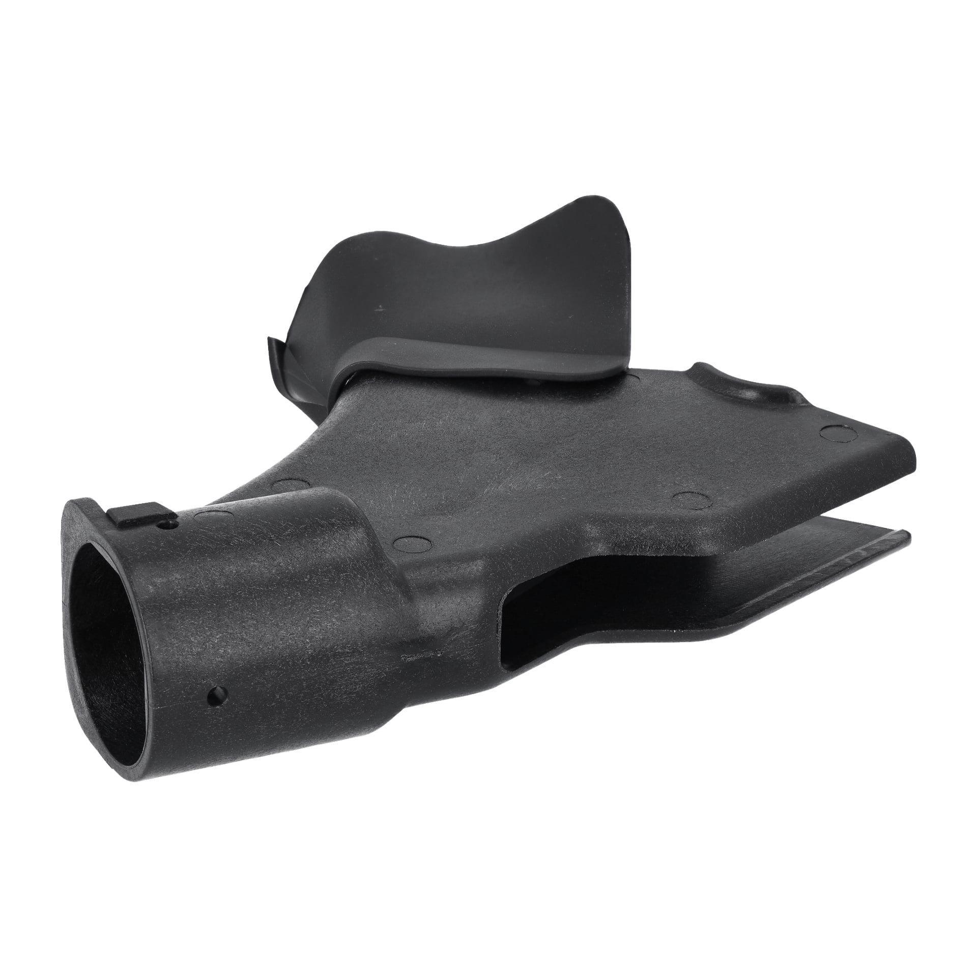 En svart plastdel med dammutgång och geringssåg med cylindrisk ände, vinklade plana sidor, åsar och indragna sektioner.
