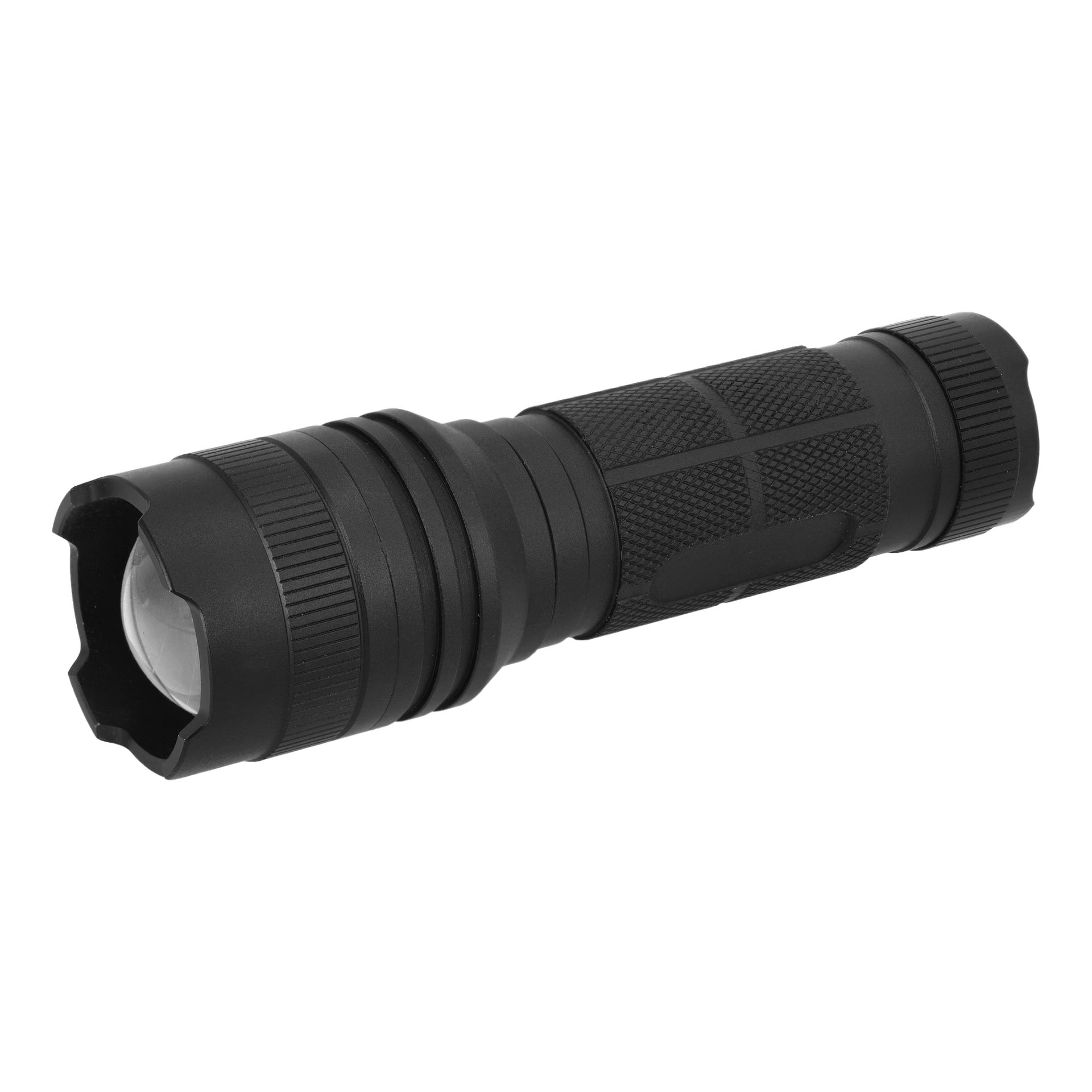 Tre Anslut LED-facklor med svarta cylindriska kroppar, texturerade grepp och något utvidgade linsändar är grupperade tillsammans.
